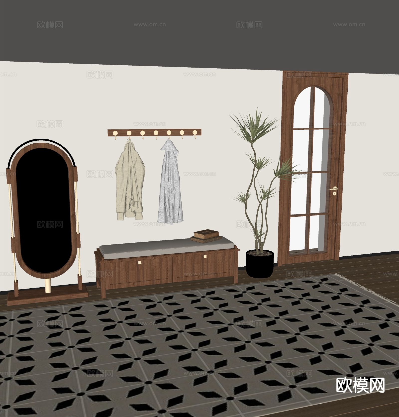 中古风全身镜su模型下载（渲染图1）