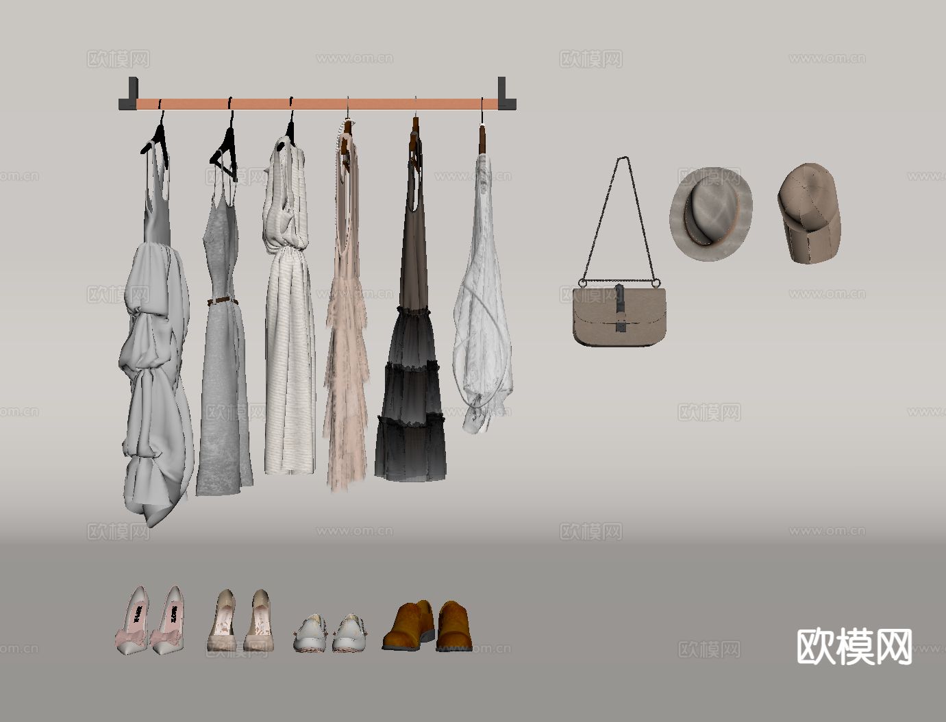 现代挂衣杆 衣服服饰 鞋帽箱包su模型下载（渲染图1）