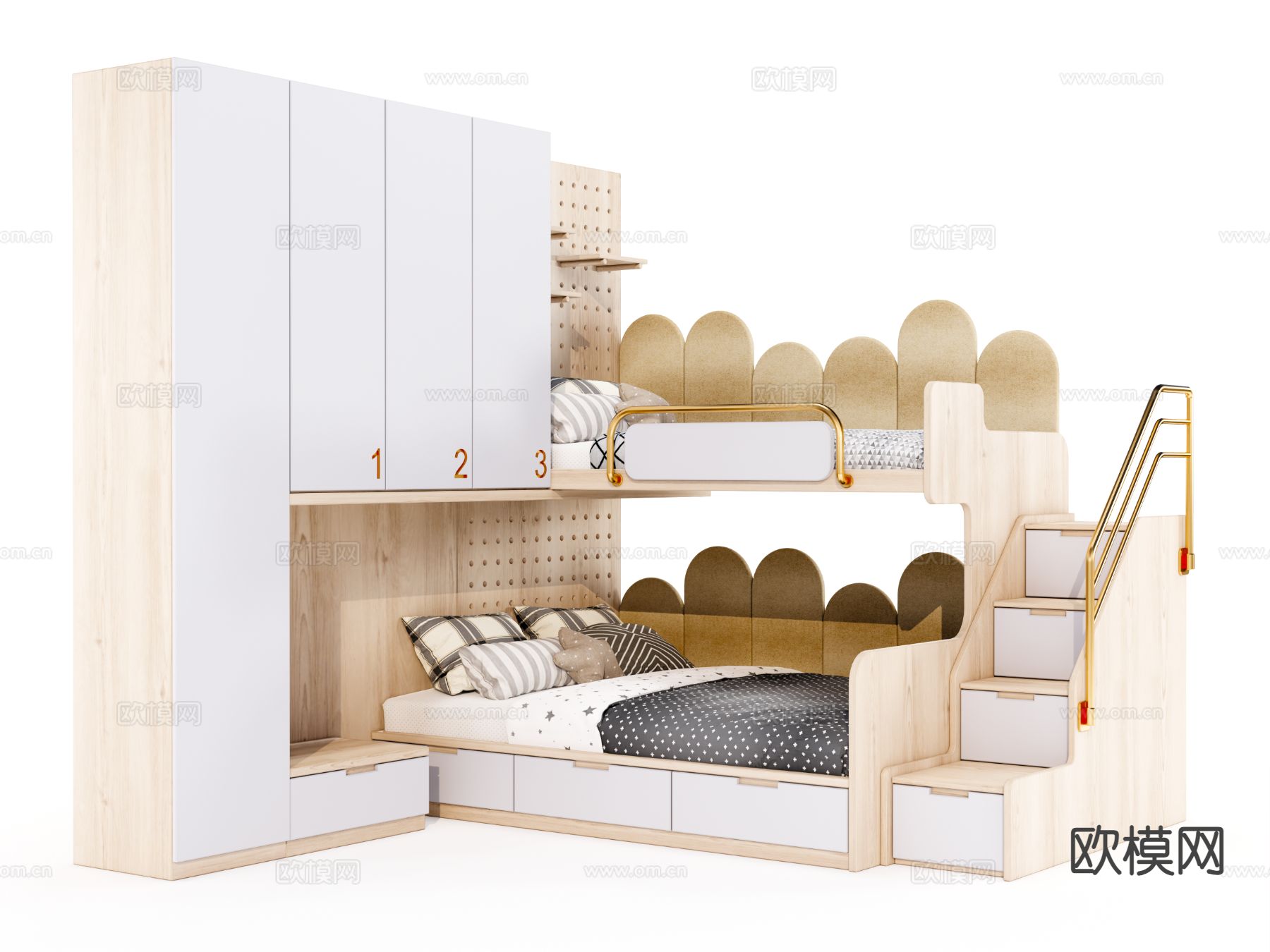 现代儿童床 高低床su模型下载（渲染图3）