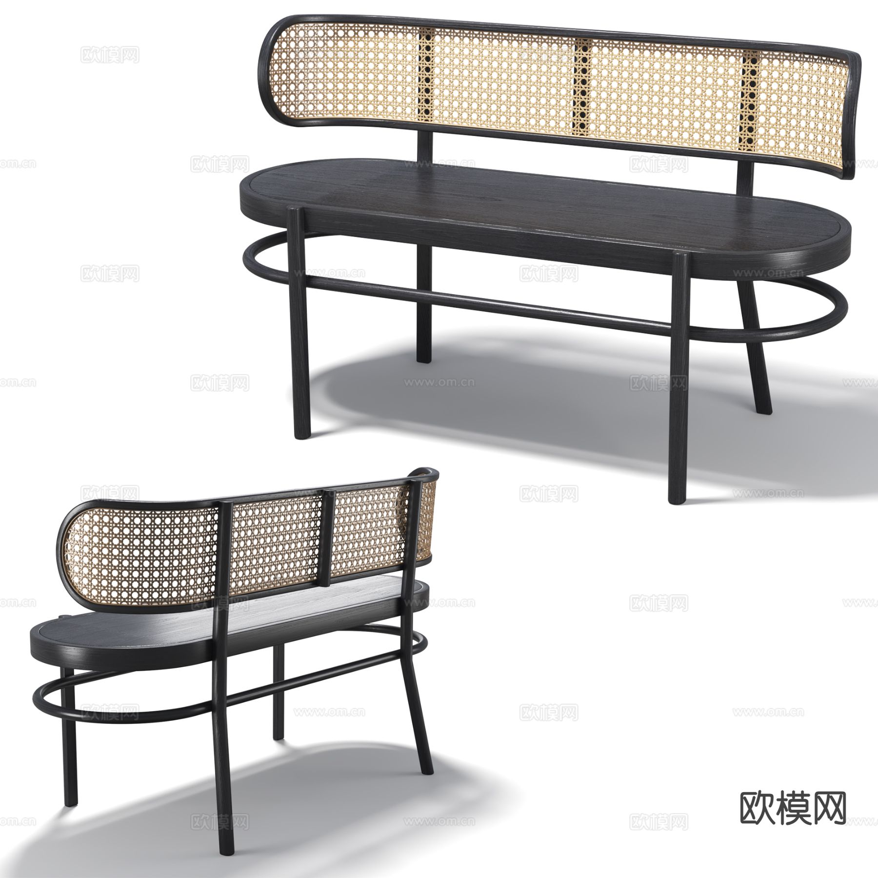 中古风长凳 藤编长餐椅su模型下载（渲染图4）