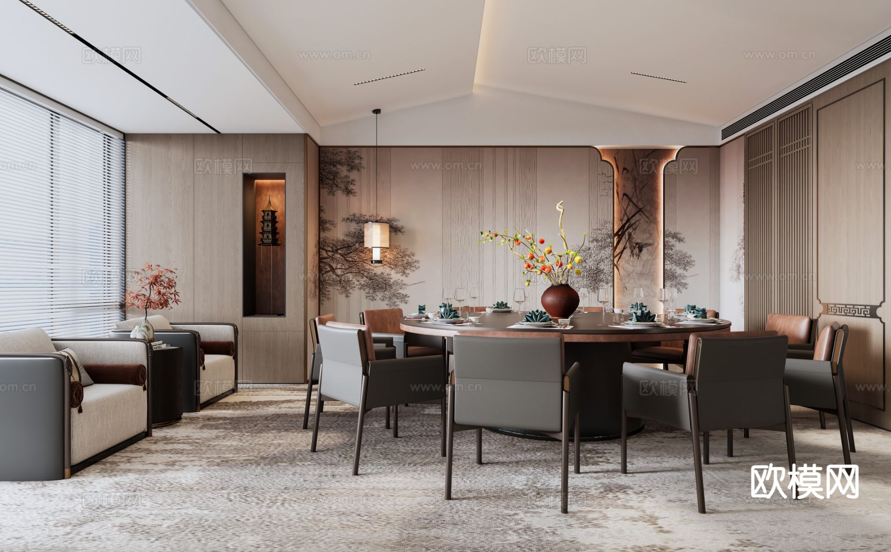 新中式餐厅包间su模型下载（渲染图2）
