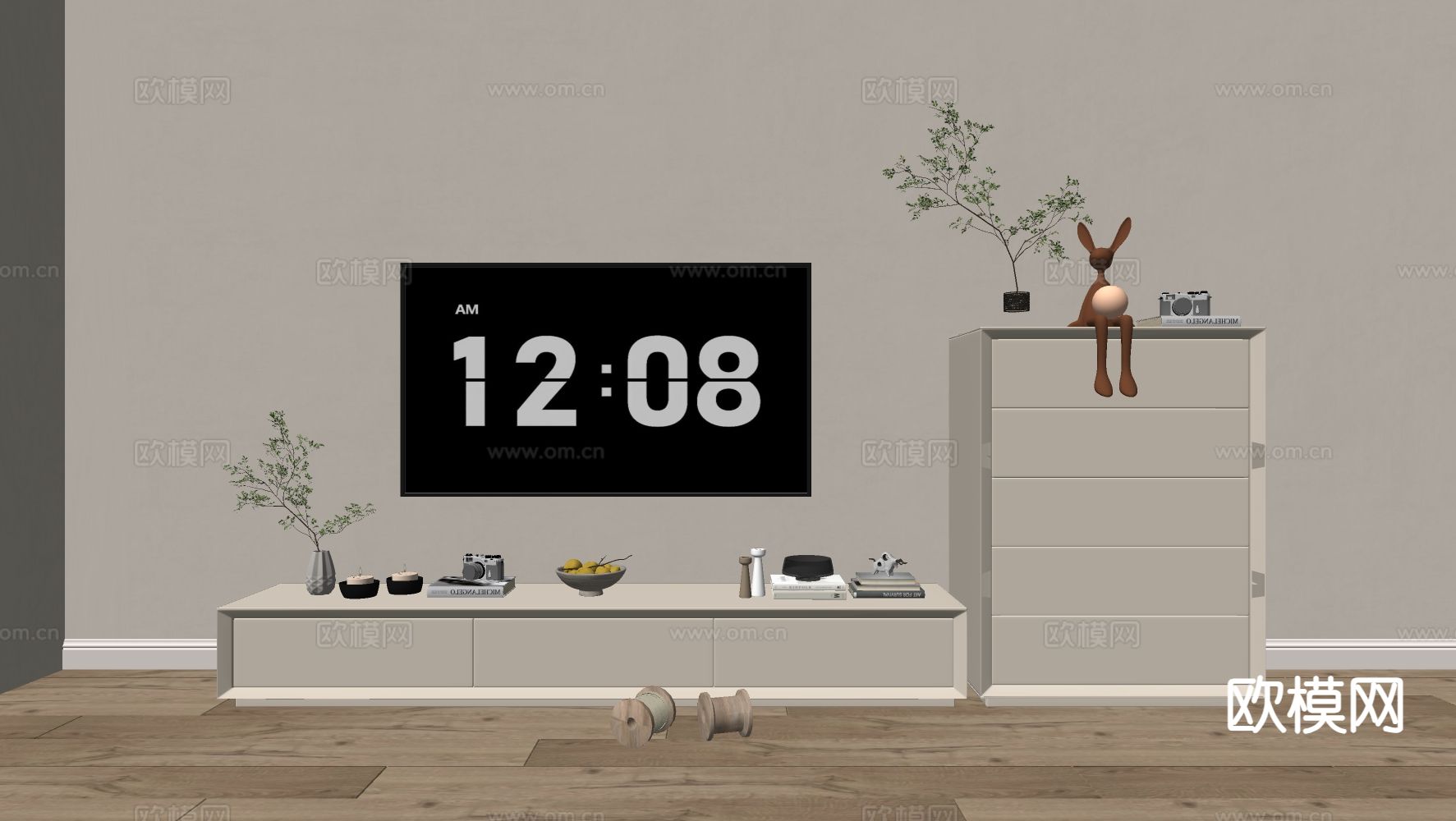 奶油风电视柜su模型下载（渲染图1）