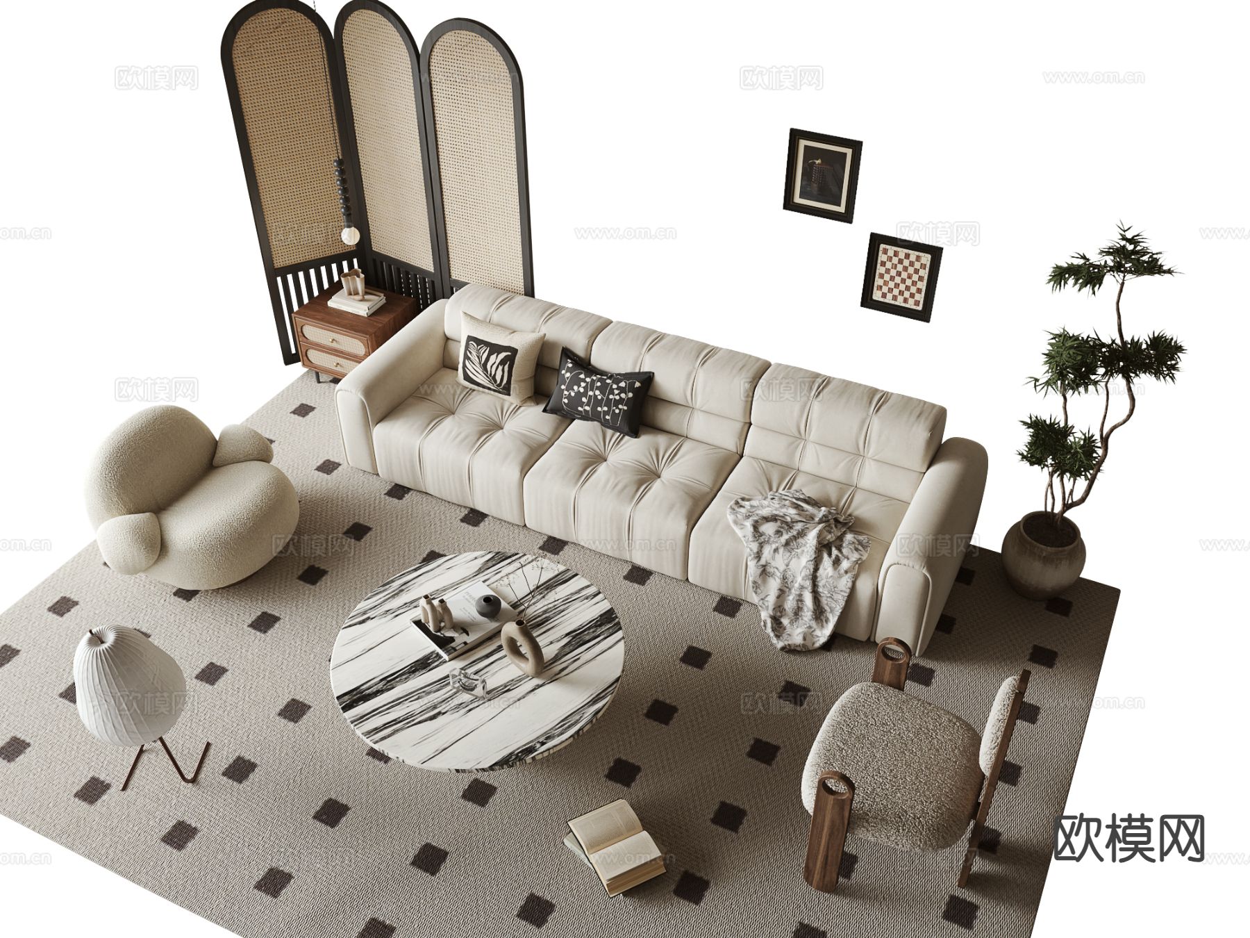 中古风组合沙发su模型下载（渲染图2）