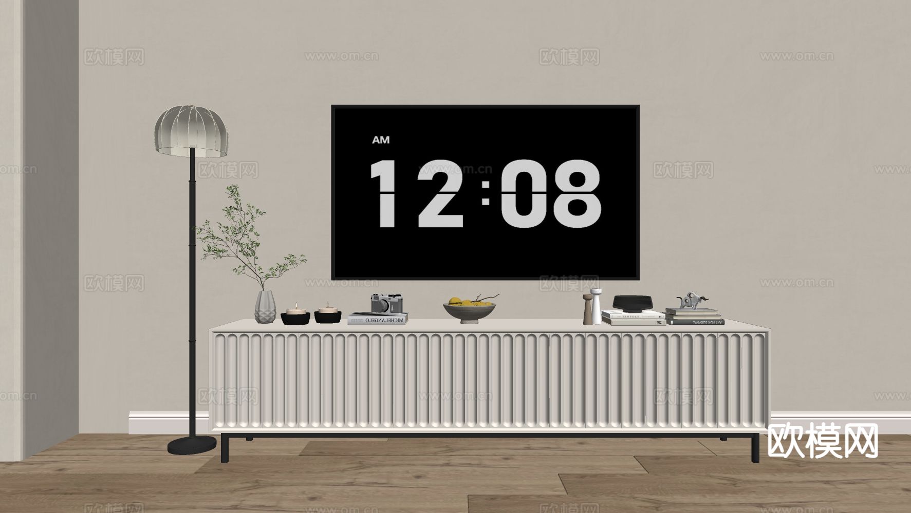 奶油风电视柜su模型下载（渲染图1）