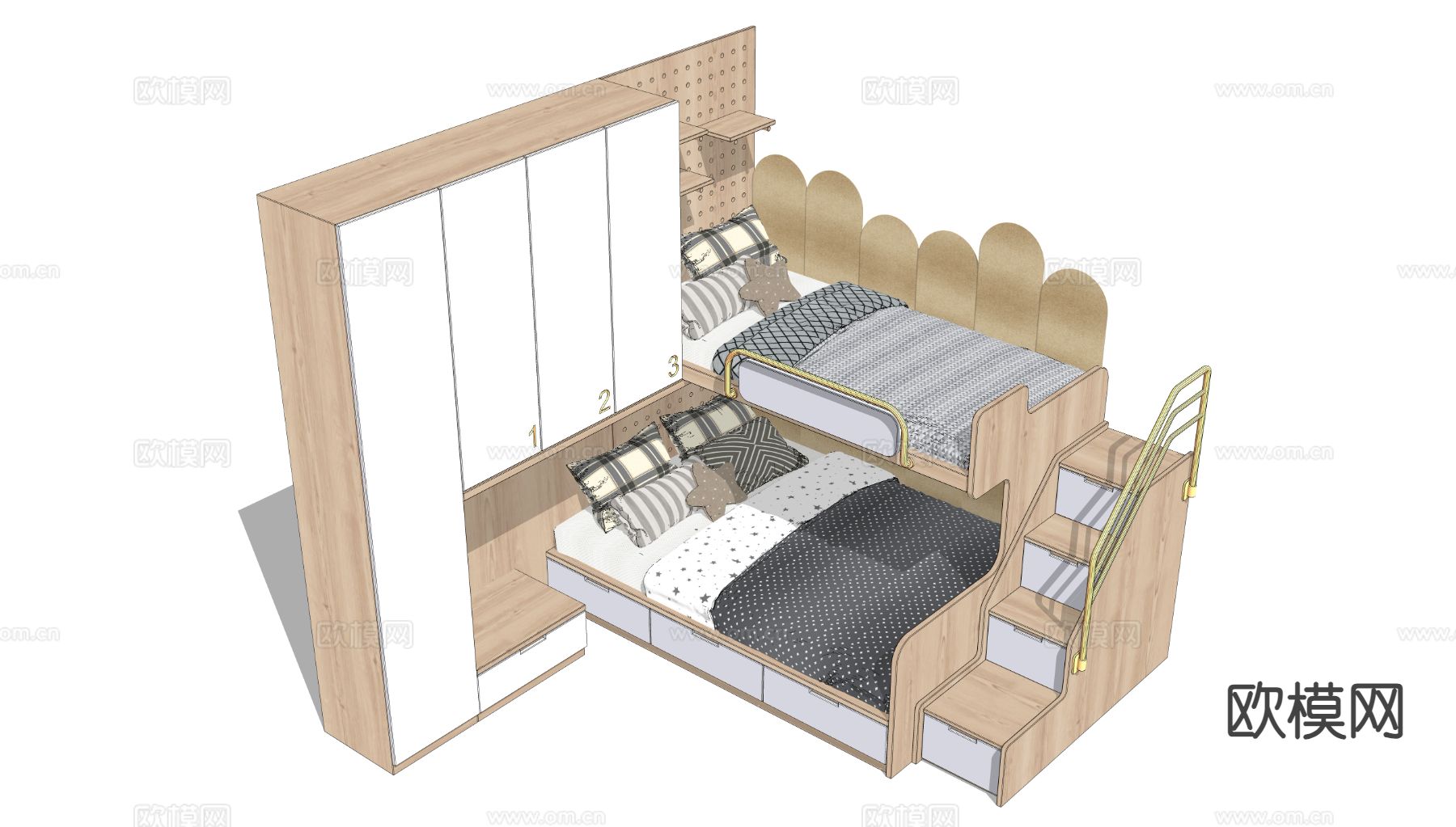 现代儿童床 高低床su模型下载（渲染图1）