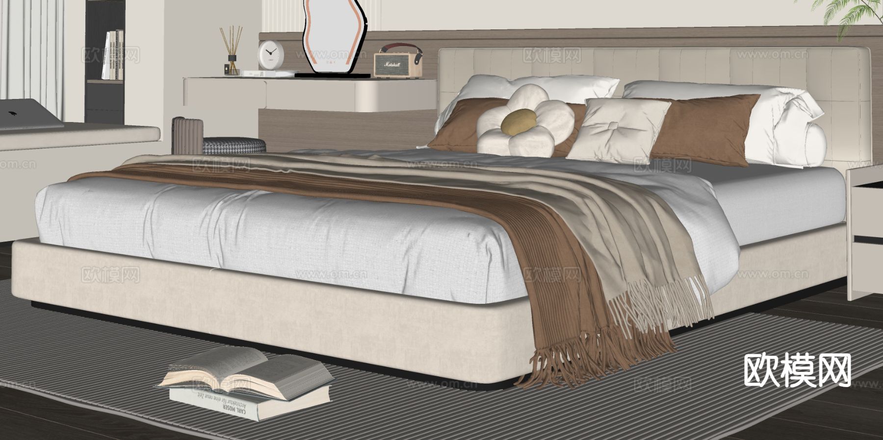 奶油风双人床su模型下载（渲染图1）