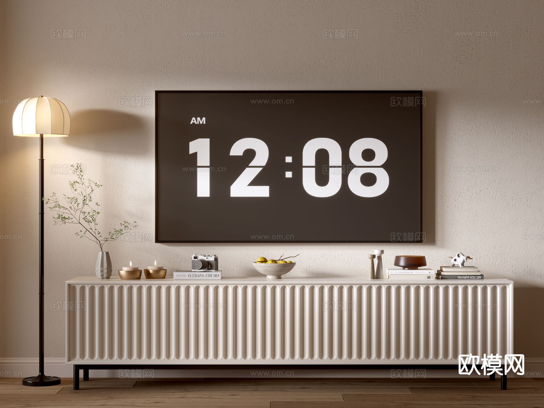 奶油风电视柜su模型下载（渲染图2）