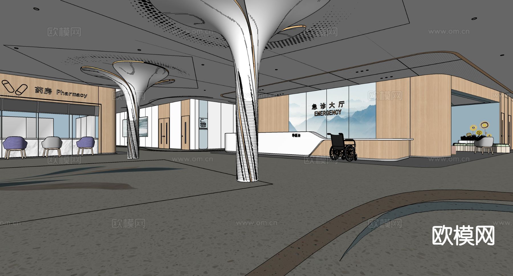 现代医院急诊大厅 大厅等候su模型下载（渲染图1）