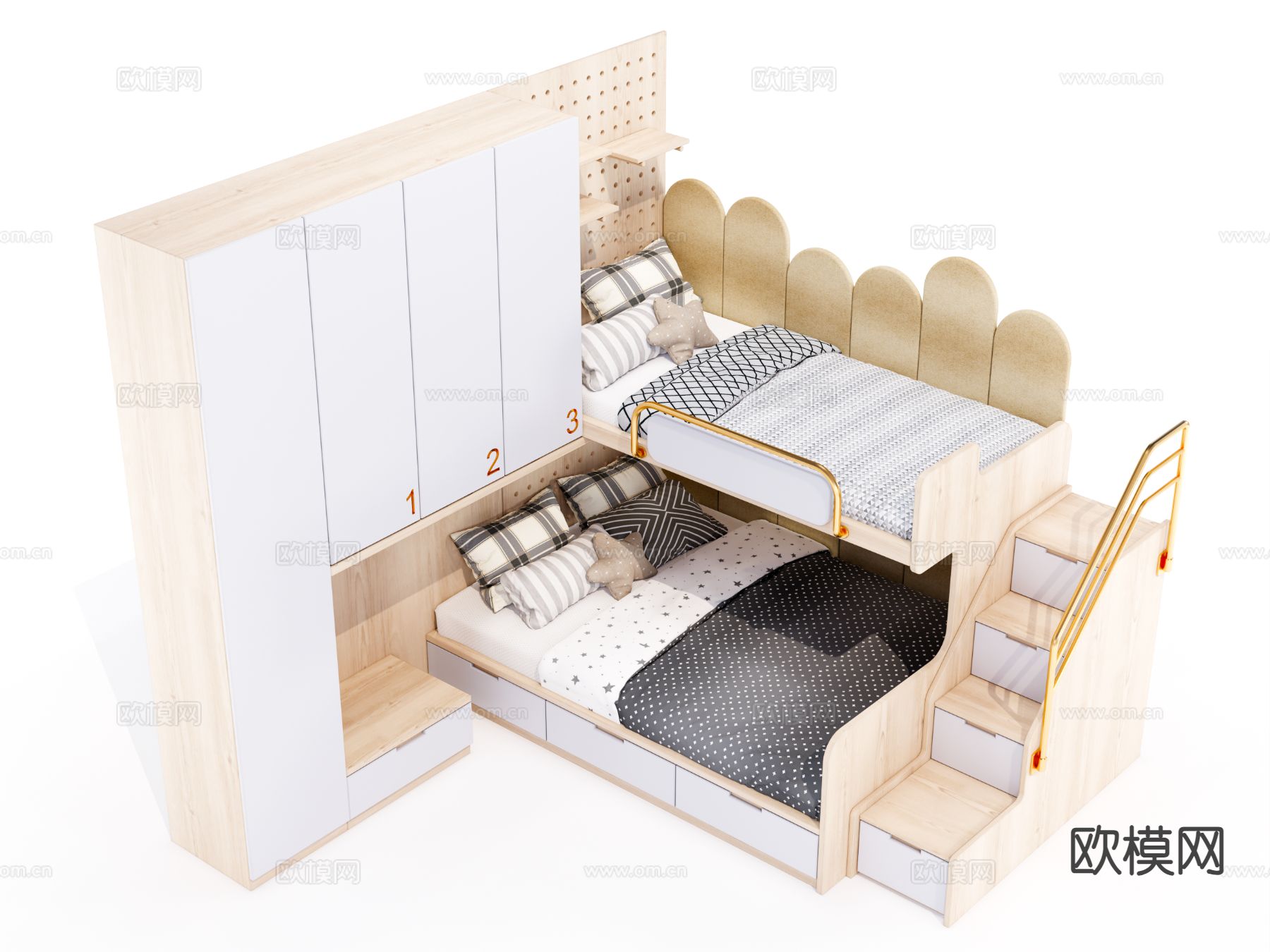 现代儿童床 高低床su模型下载（渲染图2）