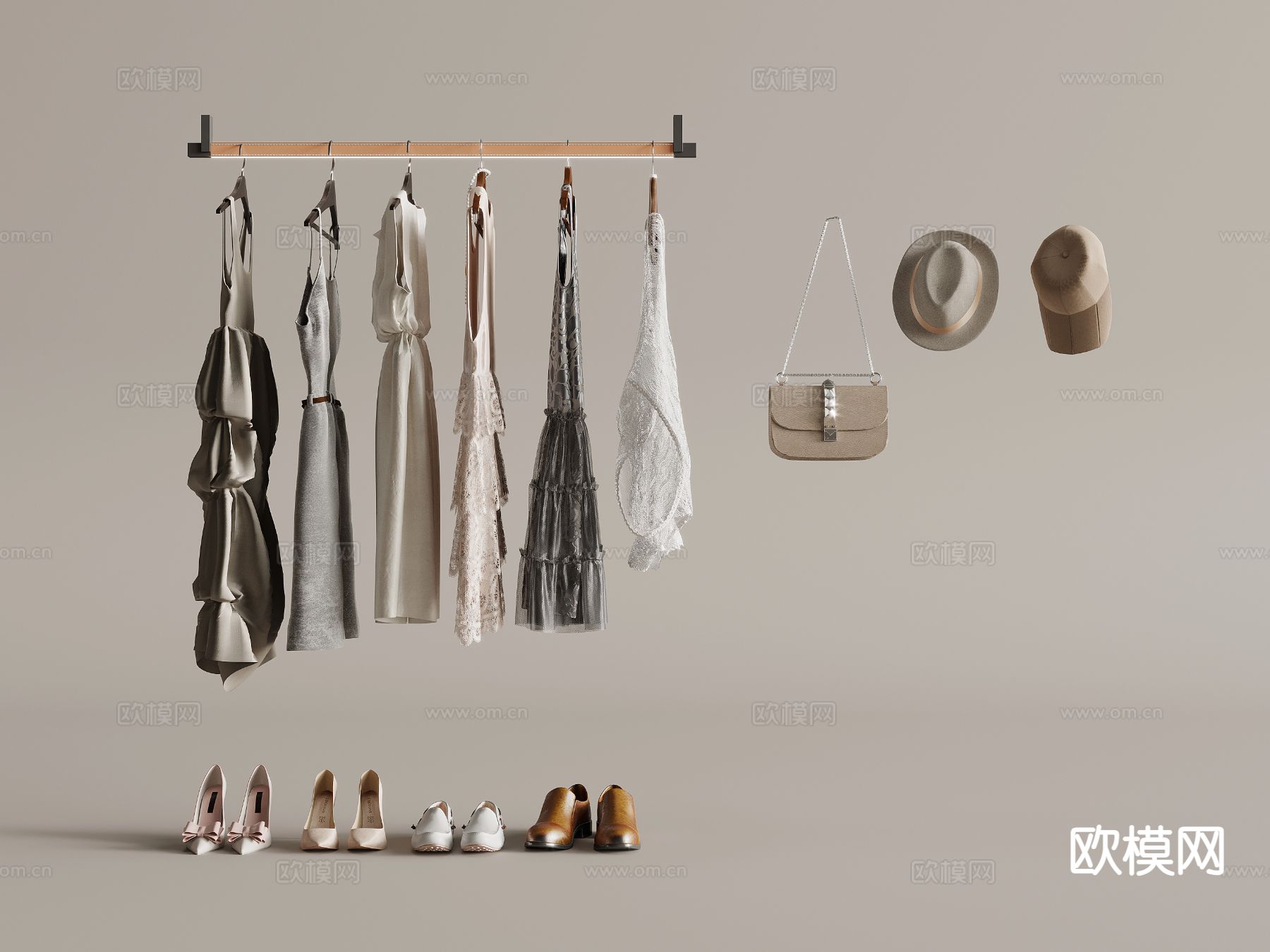 现代挂衣杆 衣服服饰 鞋帽箱包su模型下载（渲染图2）