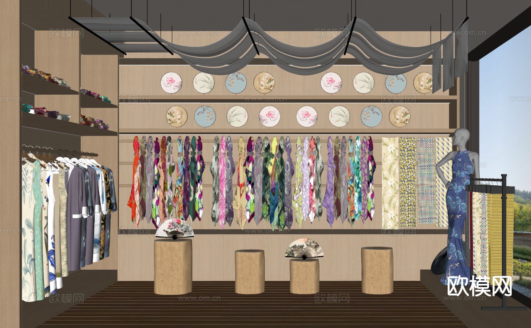 新中式服装店 旗袍店 丝绸店su模型下载（渲染图1）