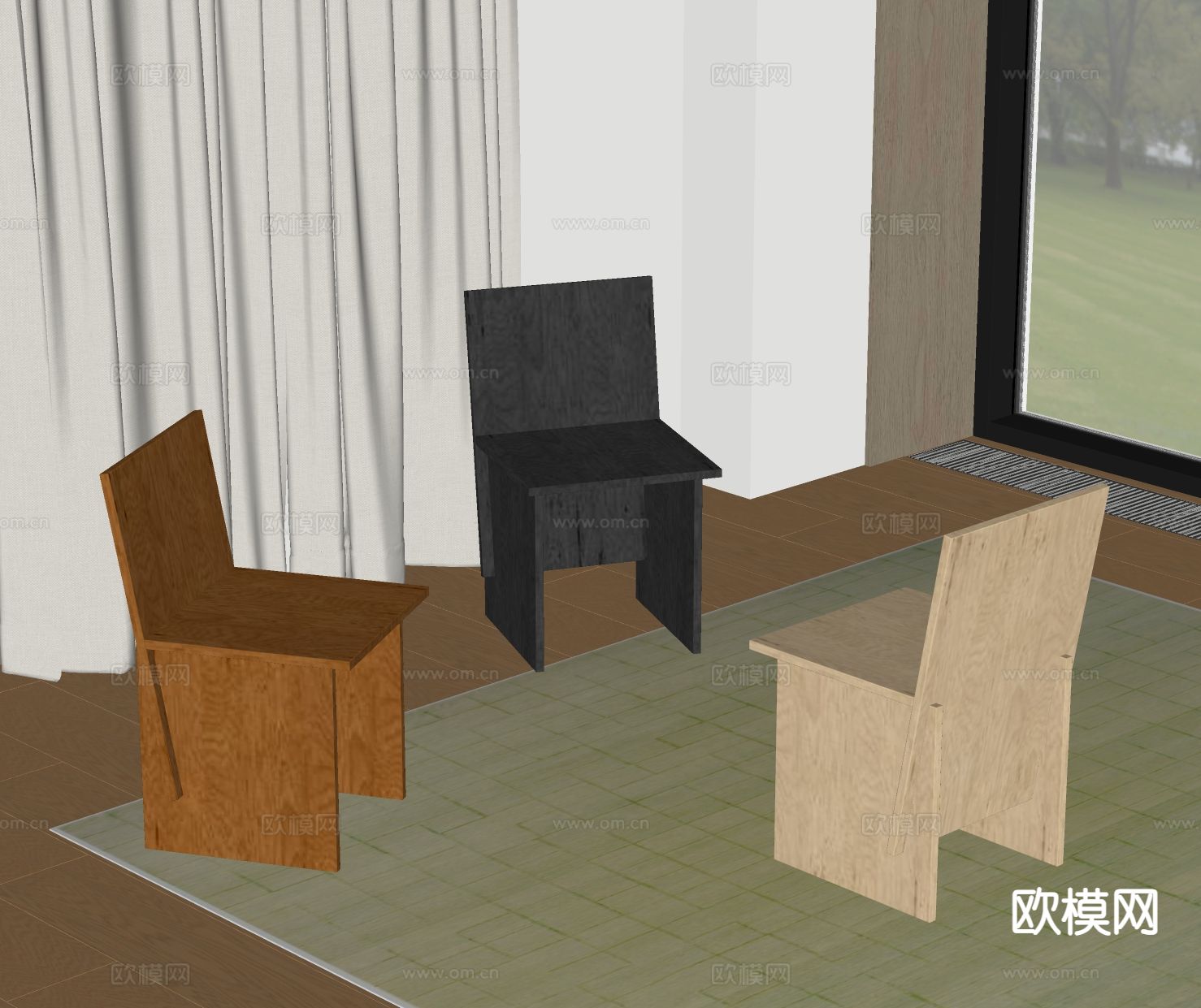 中古风单椅 实木餐椅su模型下载（渲染图1）