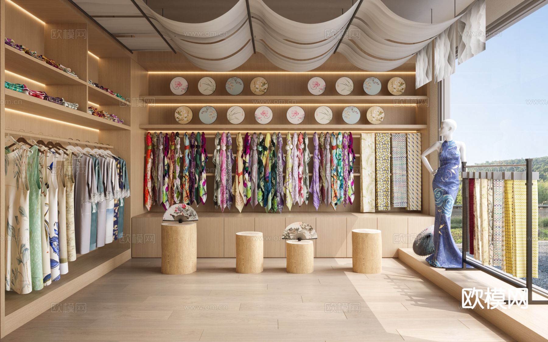 新中式服装店 旗袍店 丝绸店su模型下载（渲染图2）