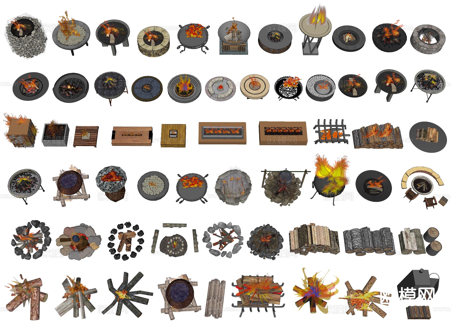现代火盆 木柴火堆 火焰 木柴堆su模型下载（渲染图1）