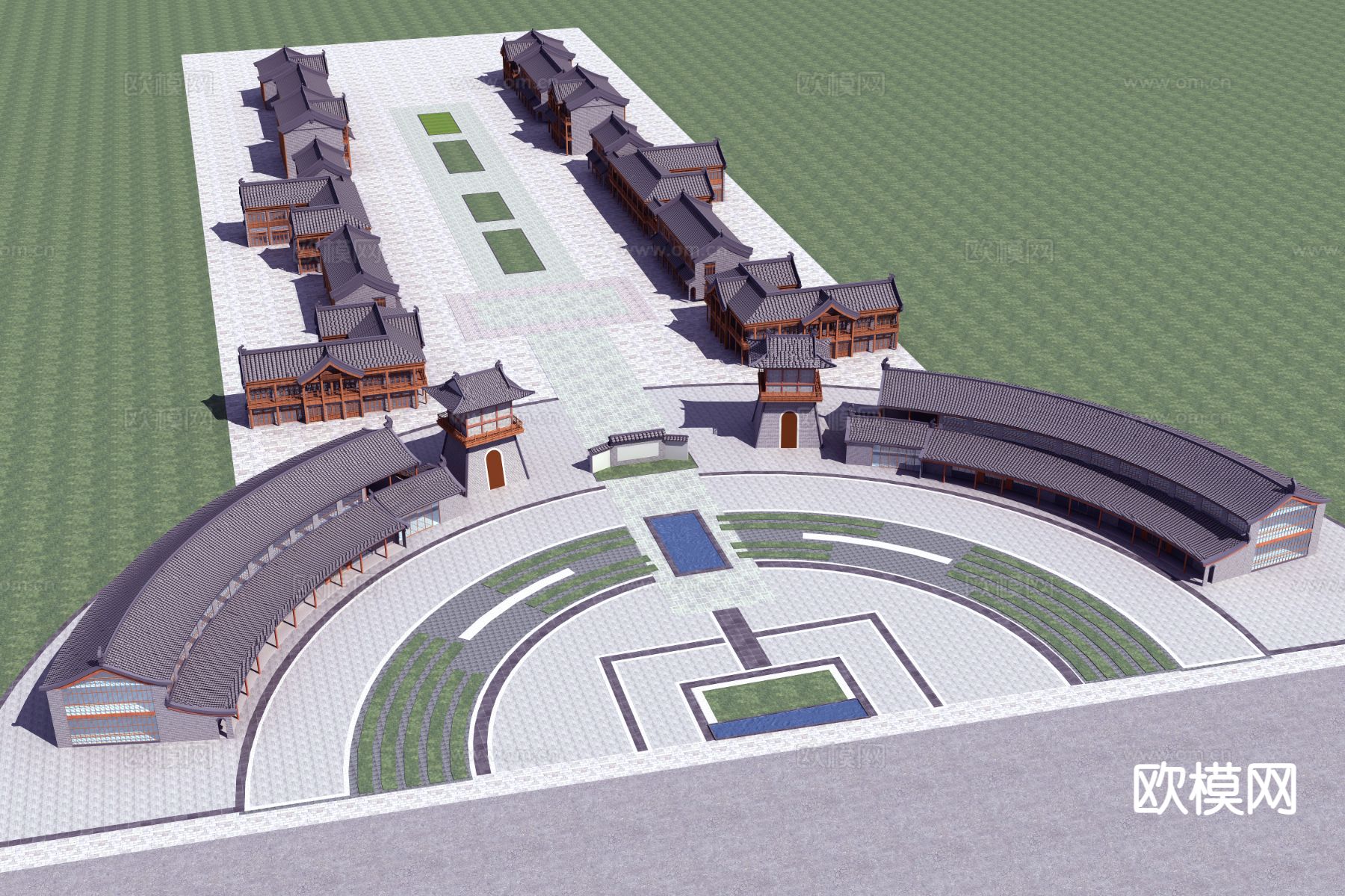 中式古建 景区大门 寺庙 塔楼su模型下载（渲染图2）