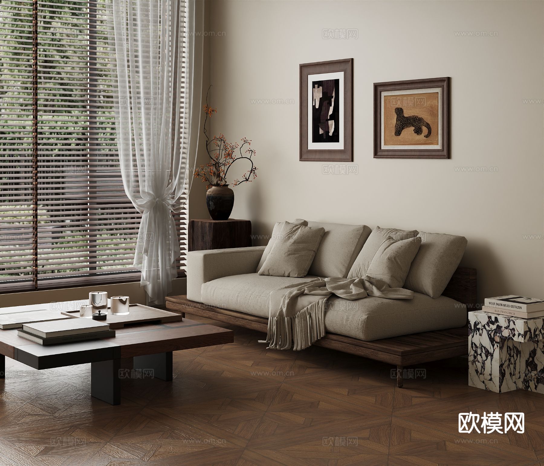 中古风组合沙发su模型下载（渲染图2）