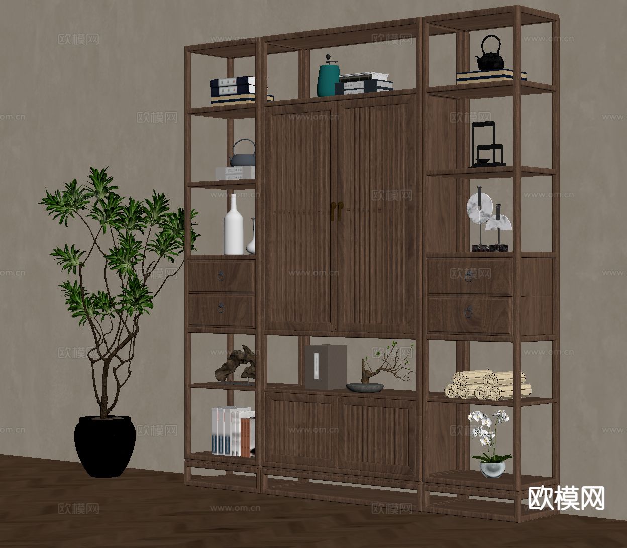 新中式博古架su模型下载（渲染图1）