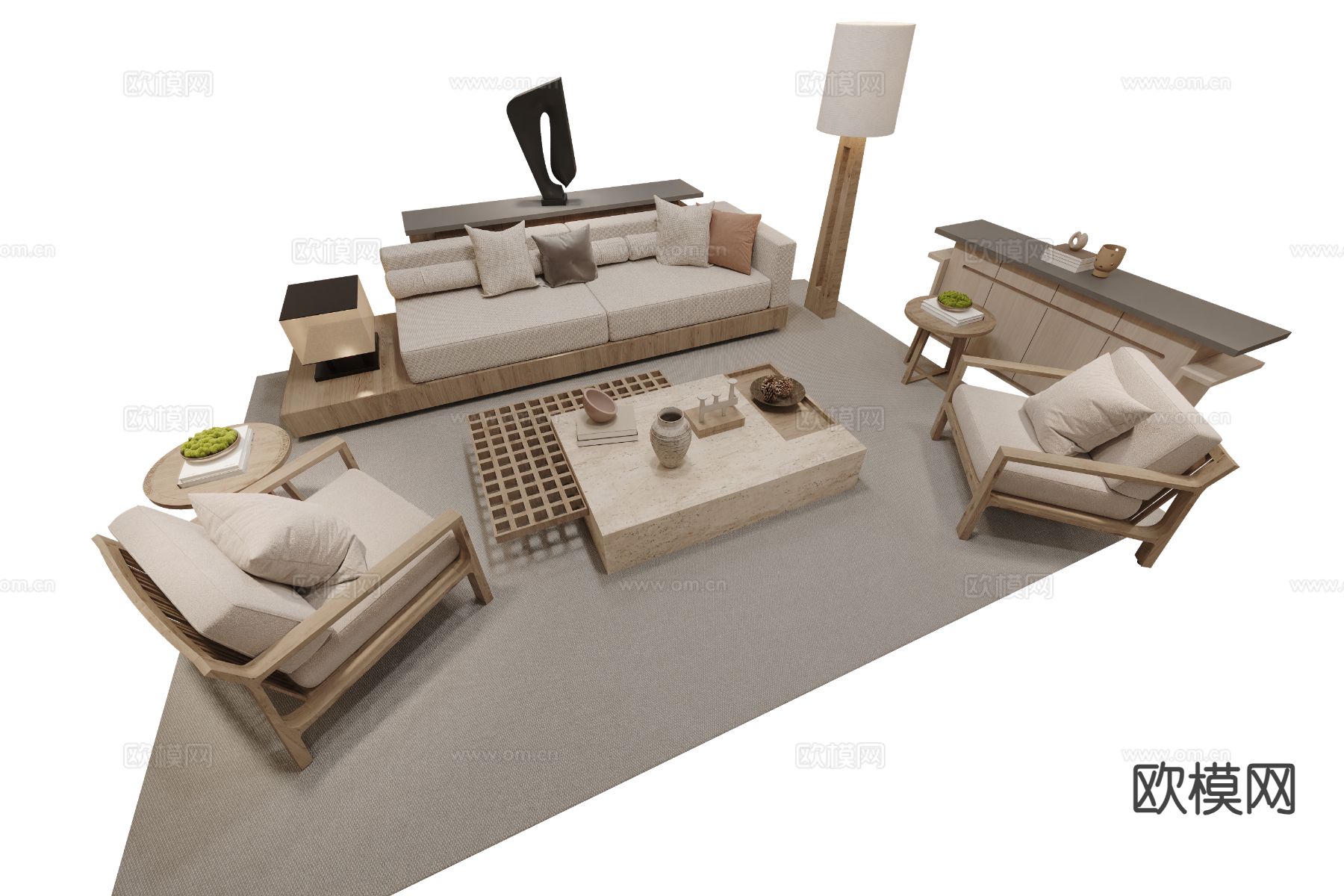 原木风组合沙发su模型下载（渲染图2）