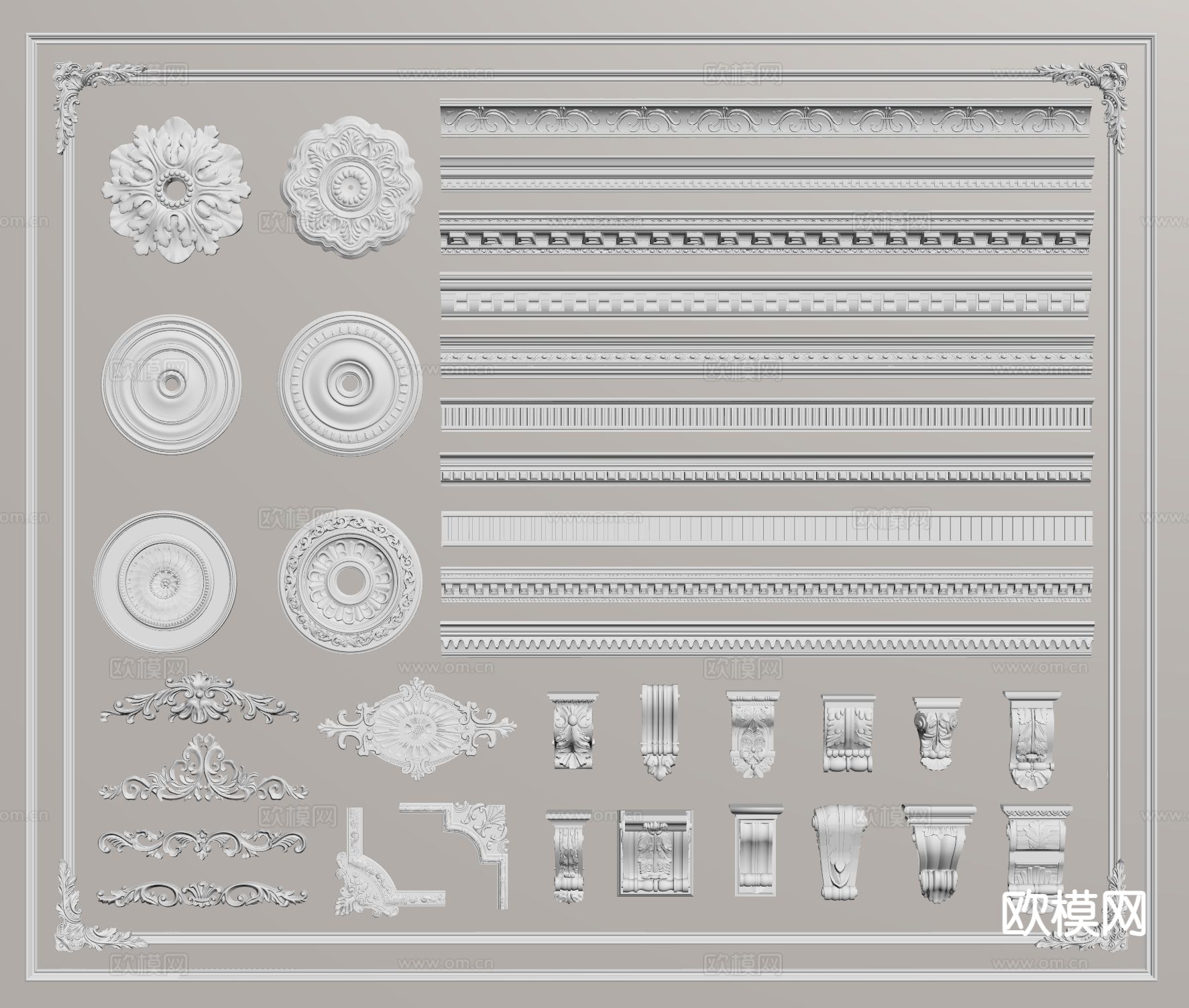 法式雕花 石膏线 角花 灯盘su模型下载（渲染图1）