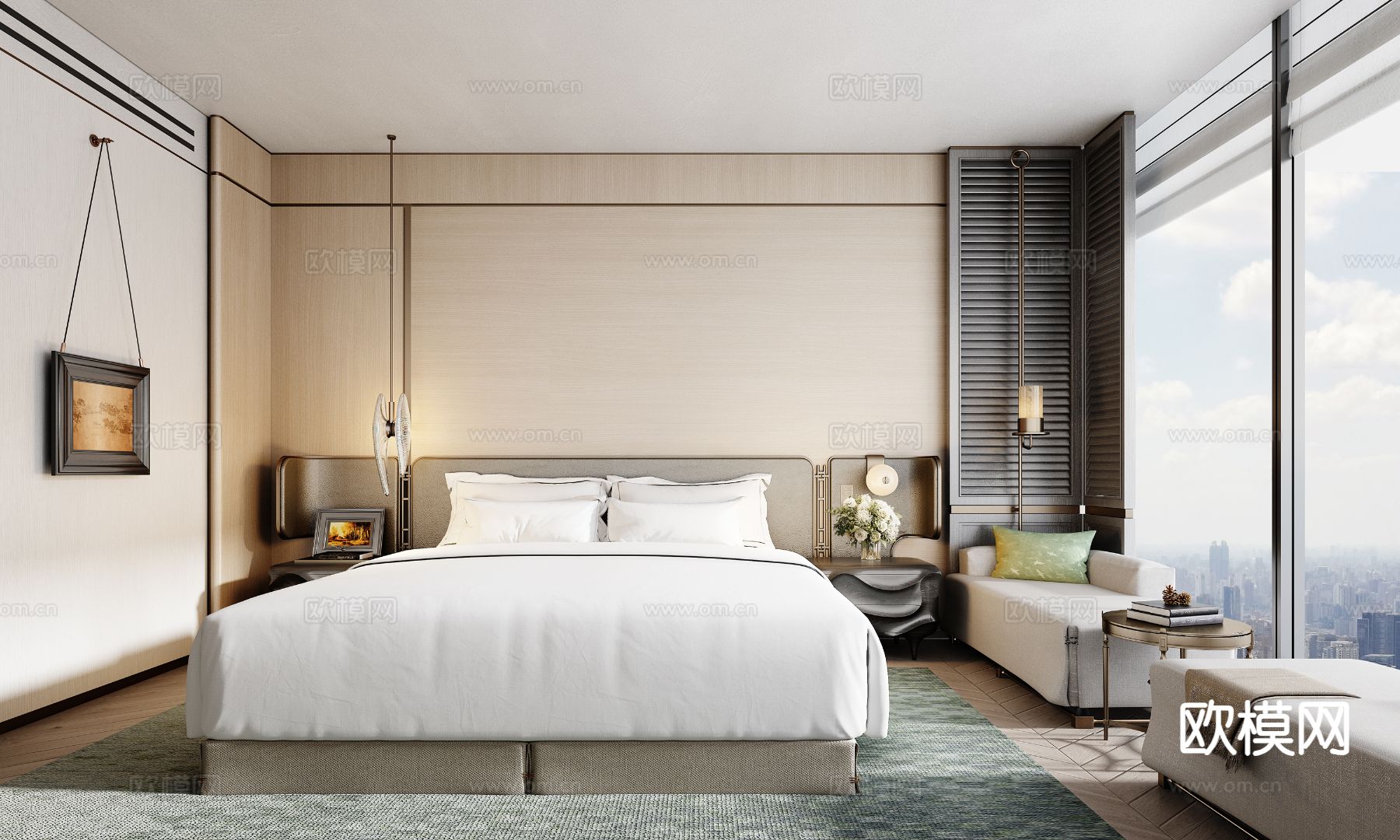 现代酒店客房 大床房su模型下载（渲染图2）