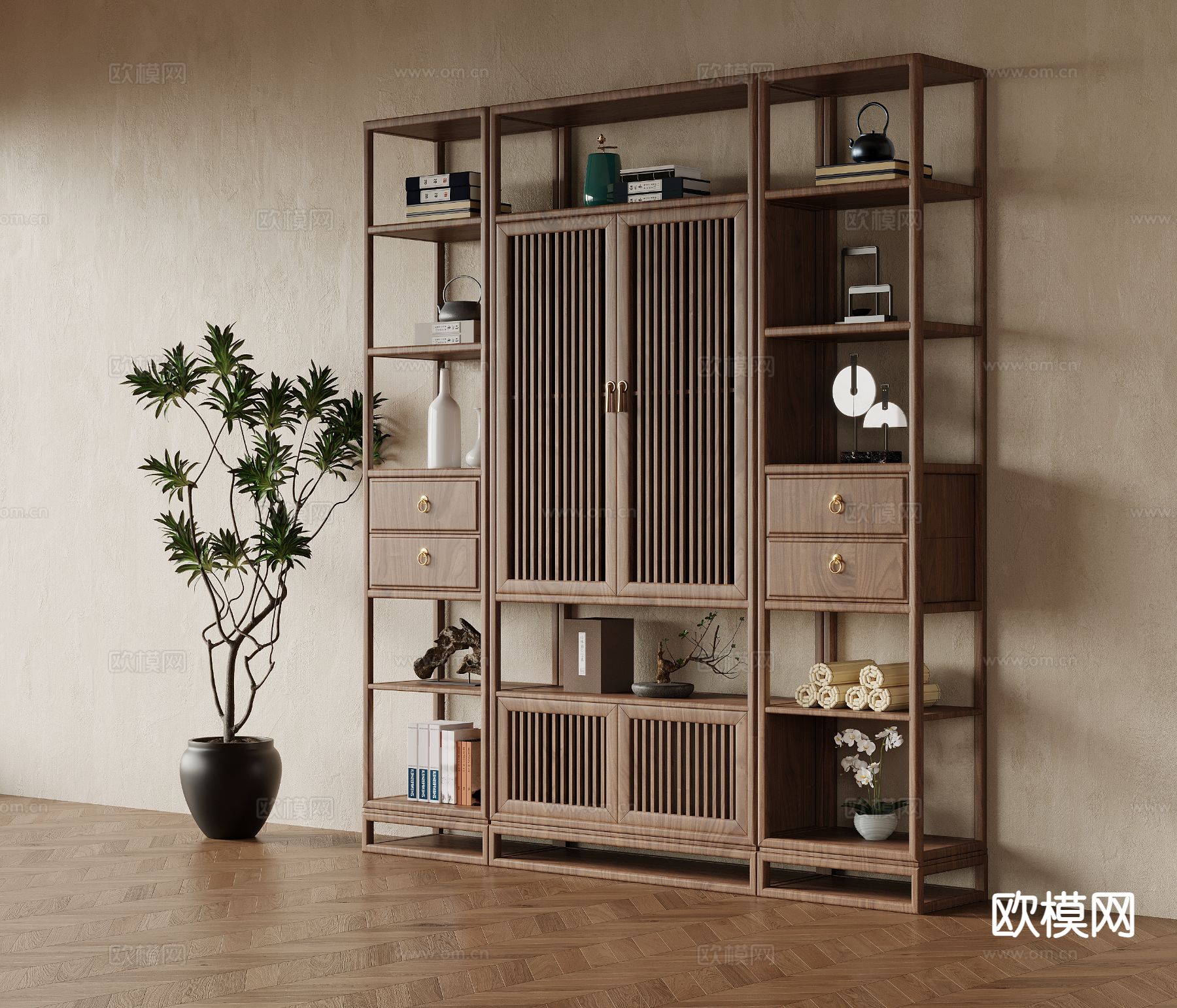 新中式博古架su模型下载（渲染图2）