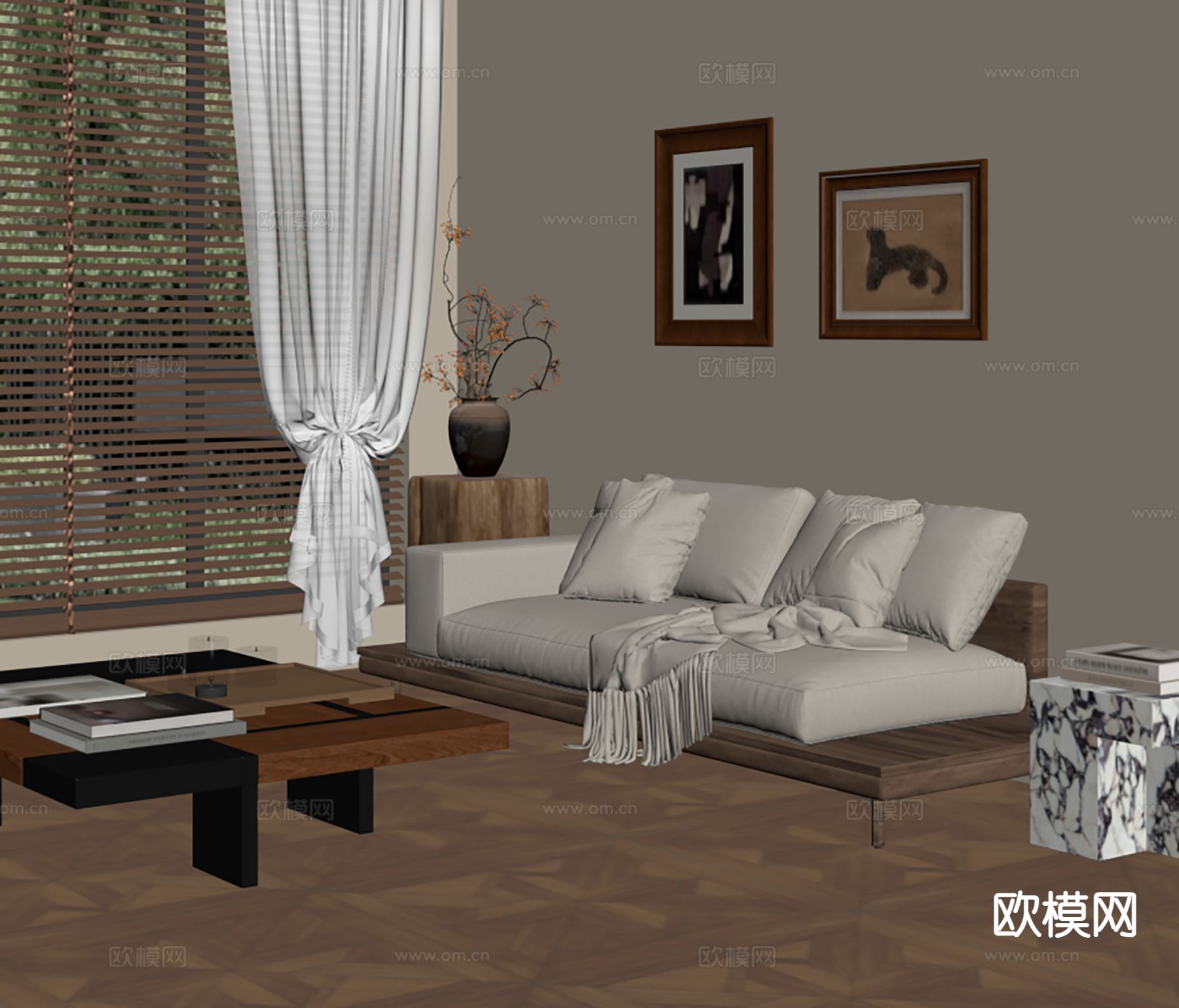 中古风组合沙发su模型下载（渲染图1）