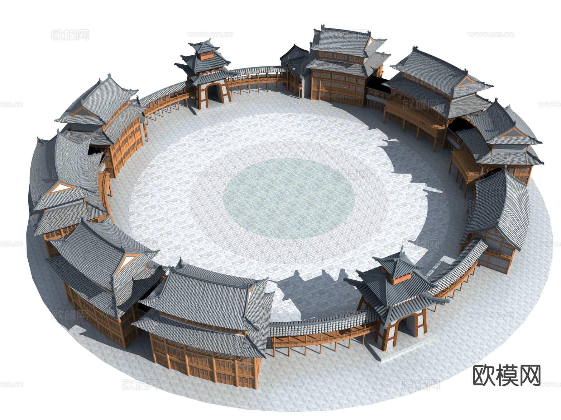 中式古建 圆形广场古建3d模型