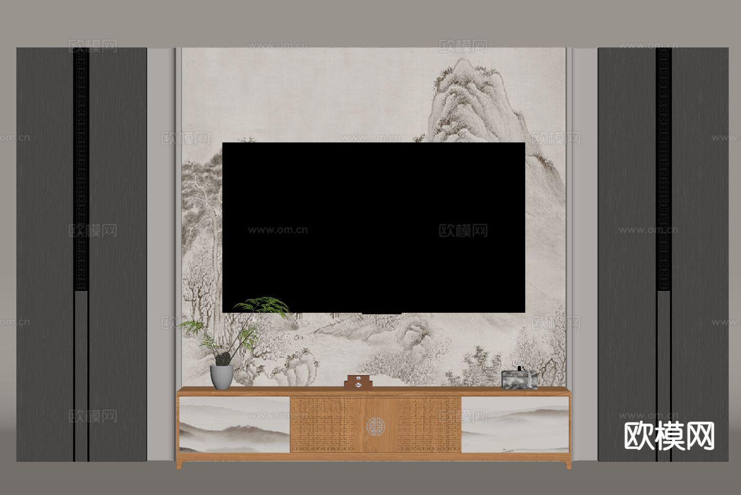 新中式背景墙 电视柜su模型下载（渲染图1）