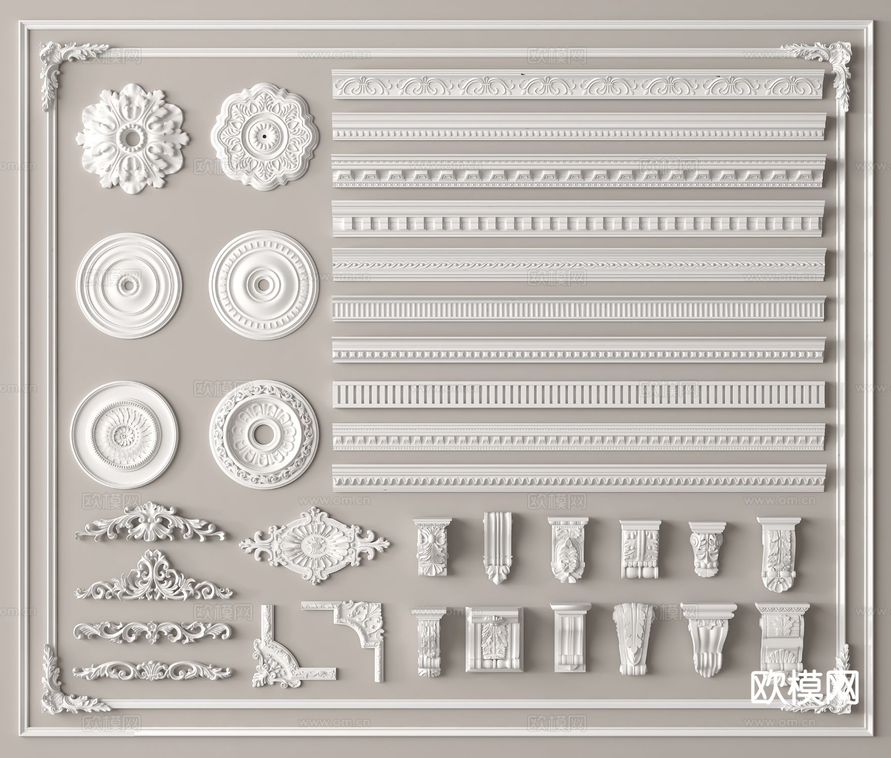 法式雕花 石膏线 角花 灯盘su模型下载（渲染图2）