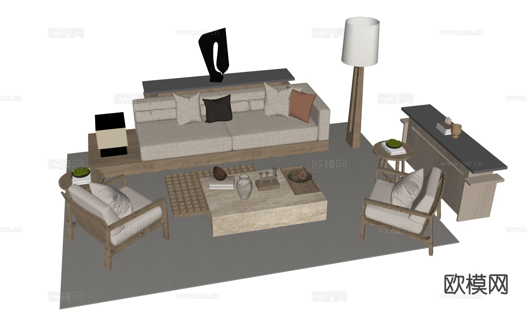 原木风组合沙发su模型下载（渲染图1）