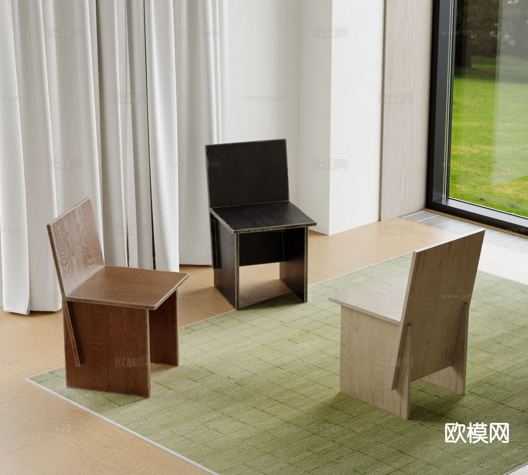 中古风单椅 实木餐椅su模型下载（渲染图2）