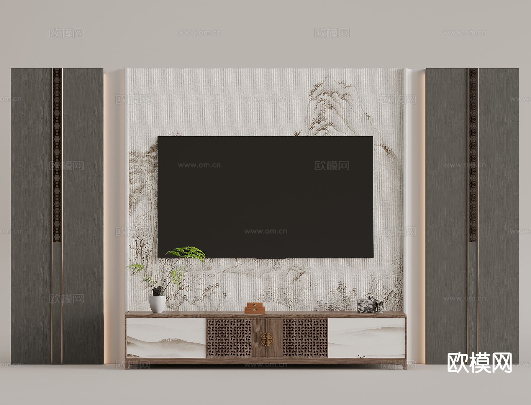 新中式背景墙 电视柜su模型下载（渲染图2）