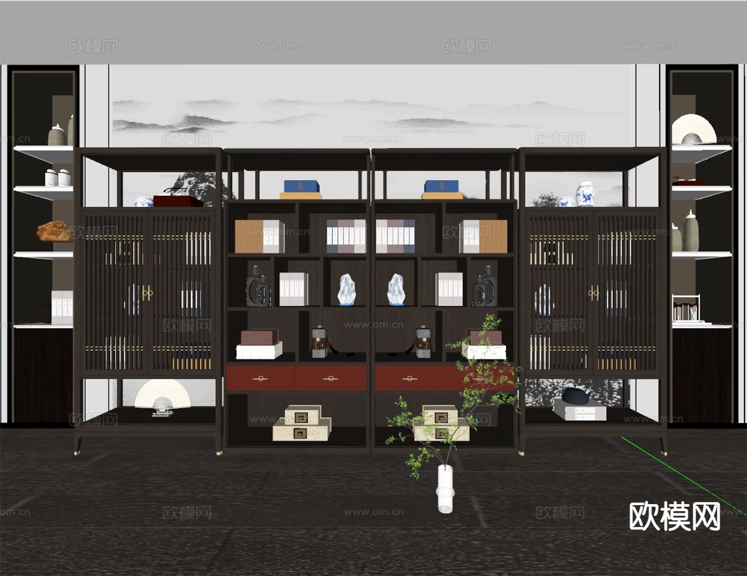 新中式博古架su模型下载（渲染图1）