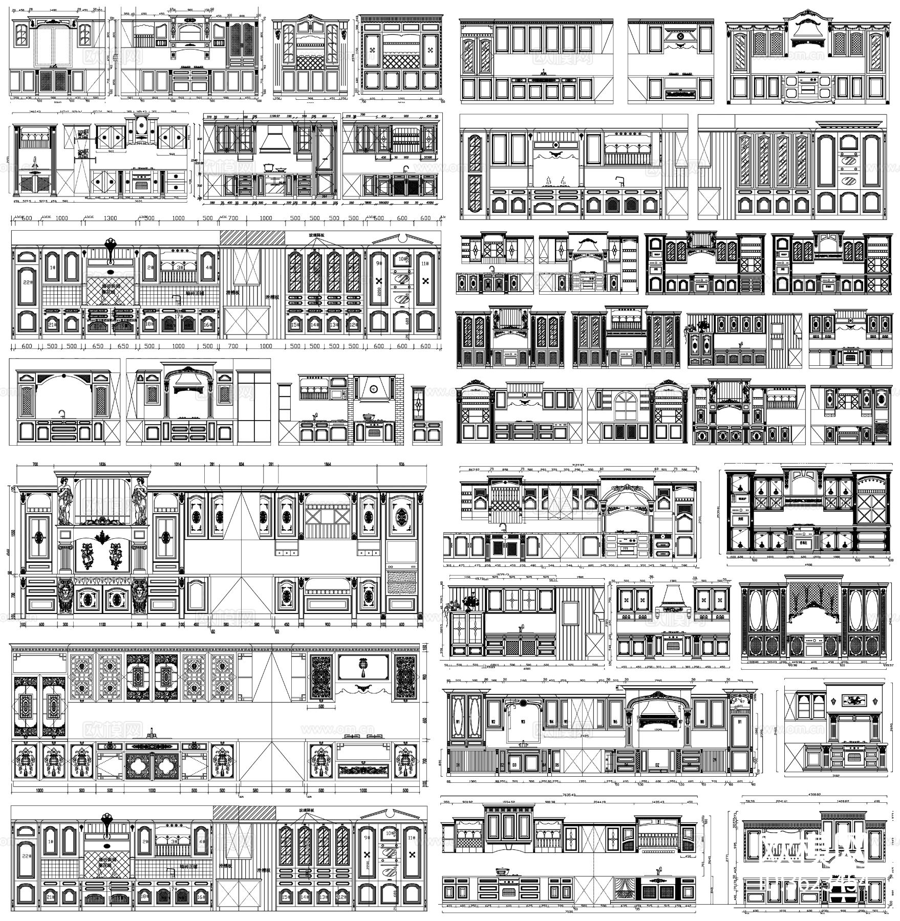 欧式橱柜 古典橱柜 橱柜 橱柜立面图 橱柜设计cad图库下载（渲染图2）