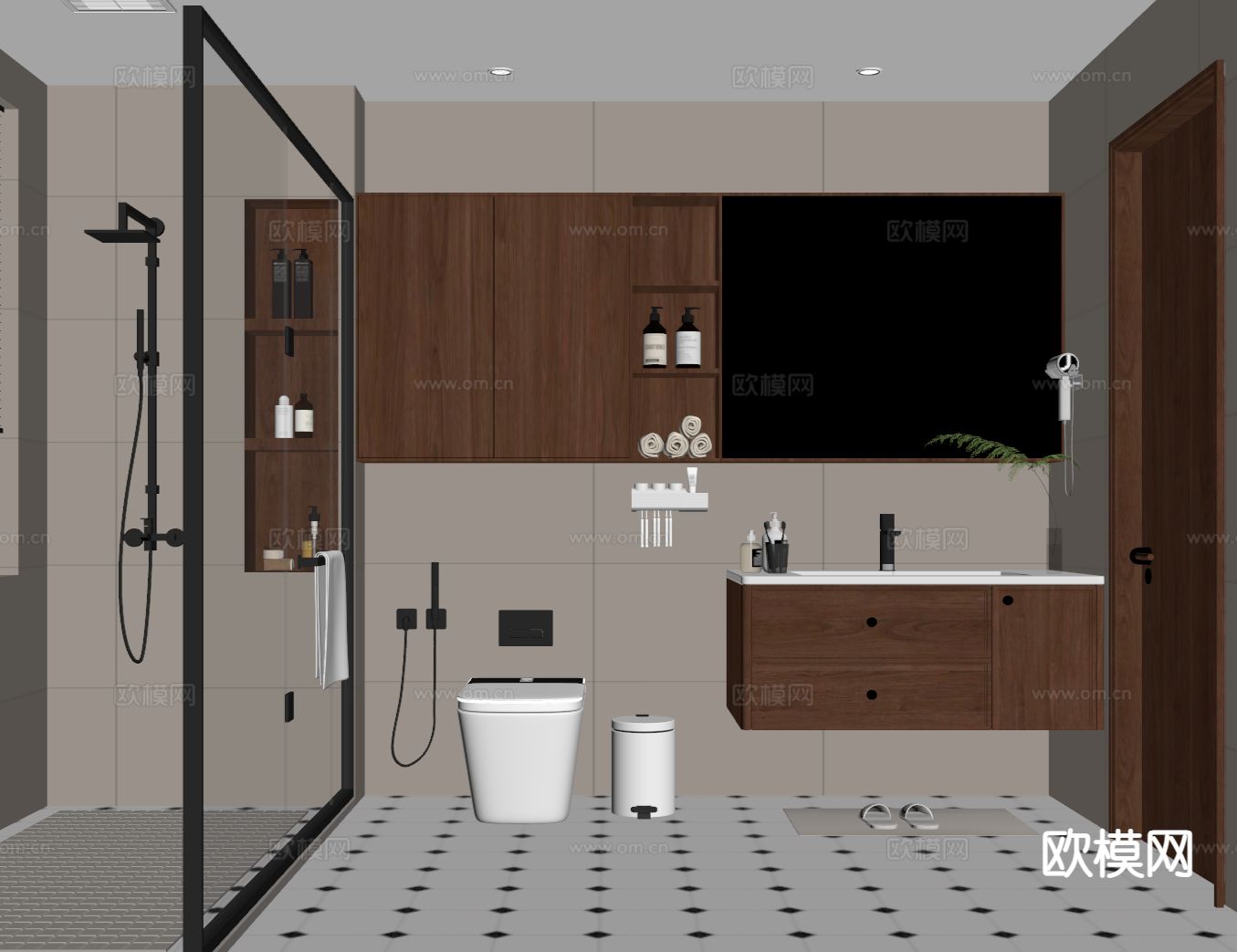 中古风卫生间 浴室su模型下载（渲染图1）