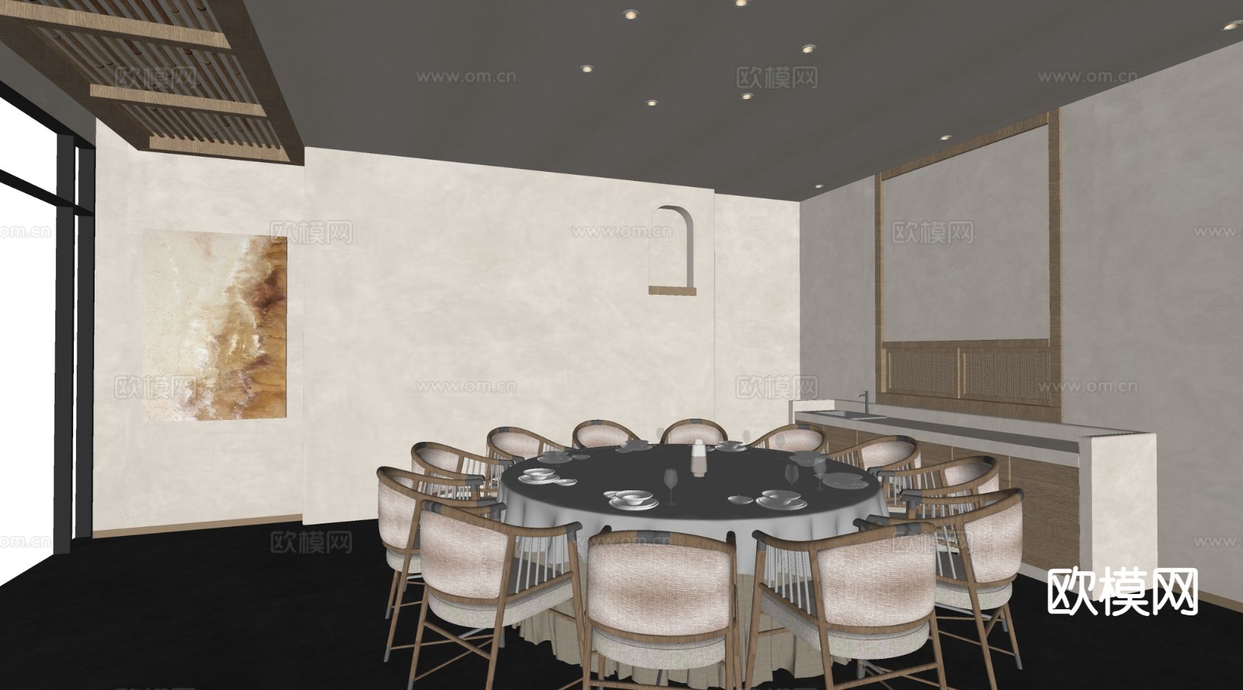 新中式餐厅包厢 包间su模型下载（渲染图1）