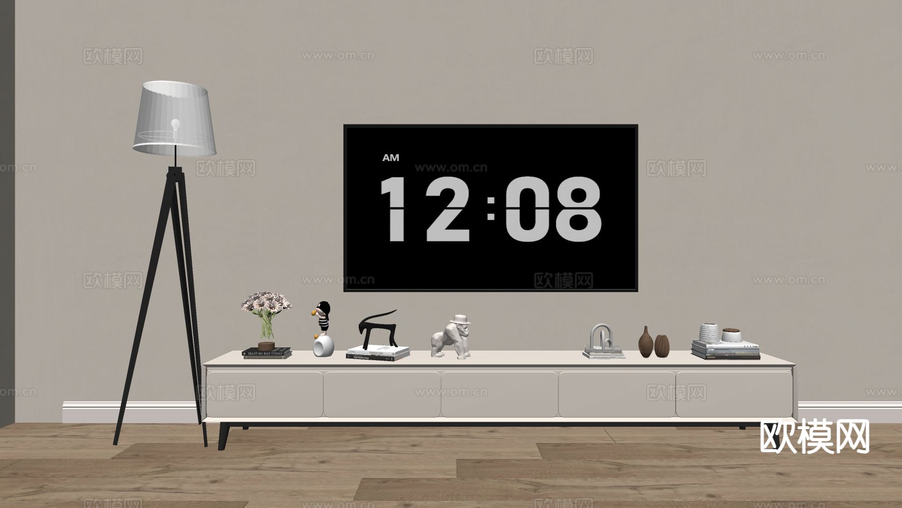 奶油风电视柜su模型下载（渲染图1）