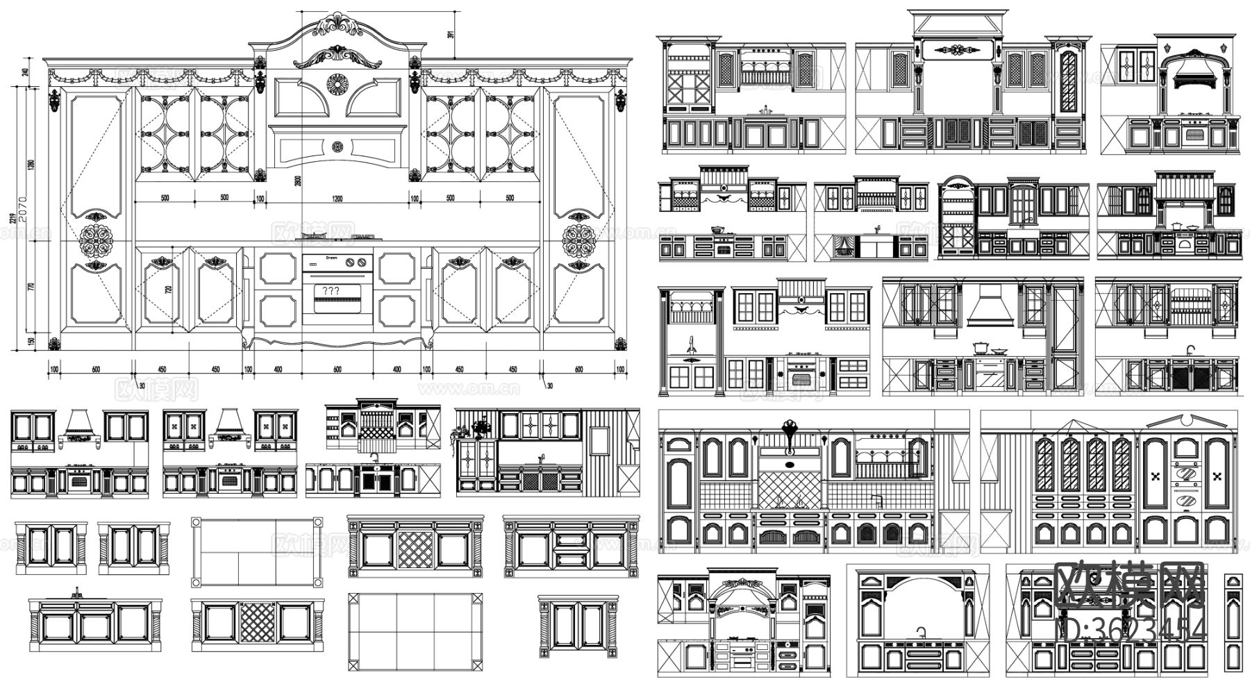 欧式橱柜 古典橱柜 橱柜 橱柜立面图 橱柜设计cad图库下载（渲染图1）