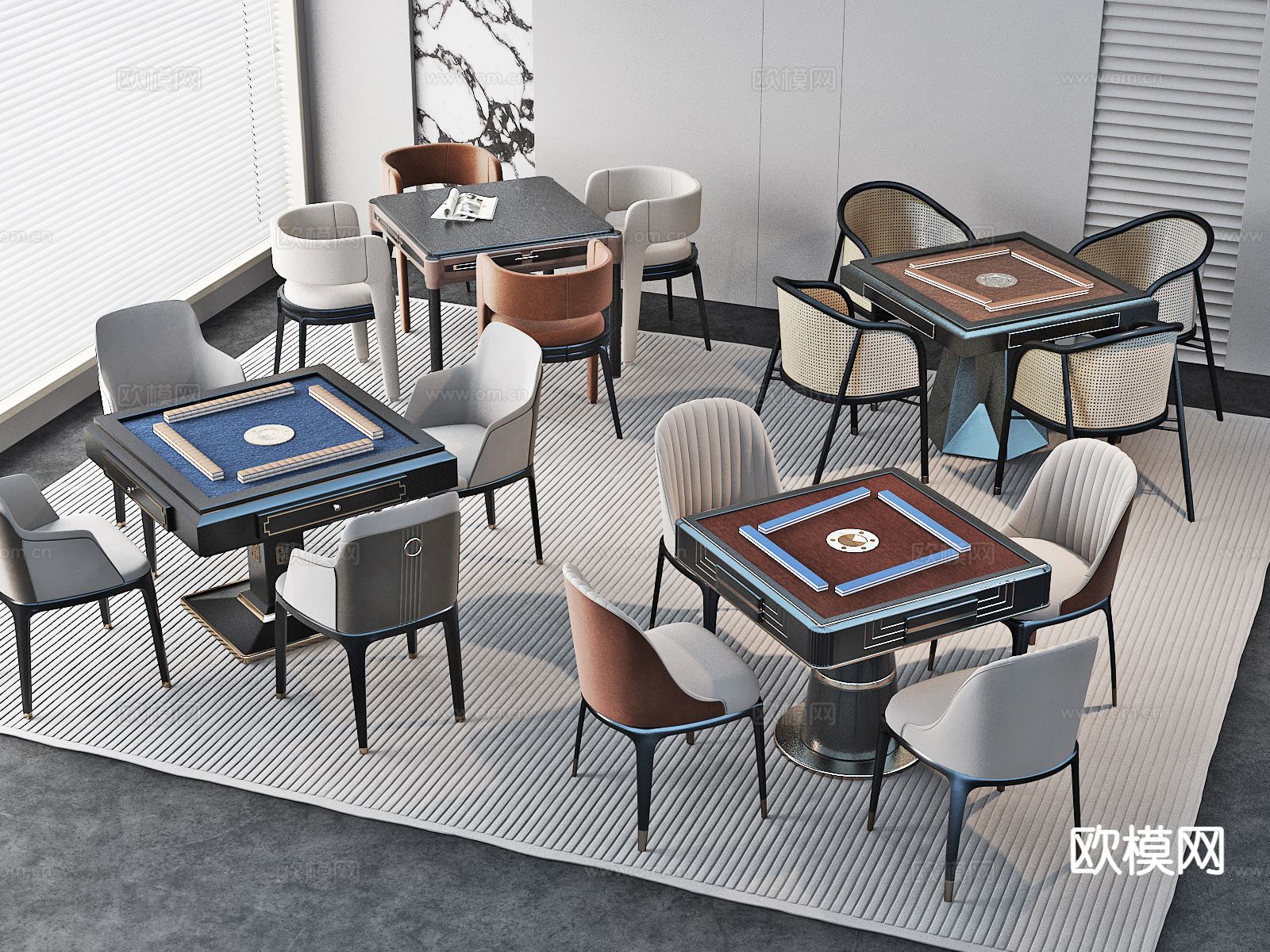 现代麻将桌椅 棋牌桌椅su模型下载（渲染图2）