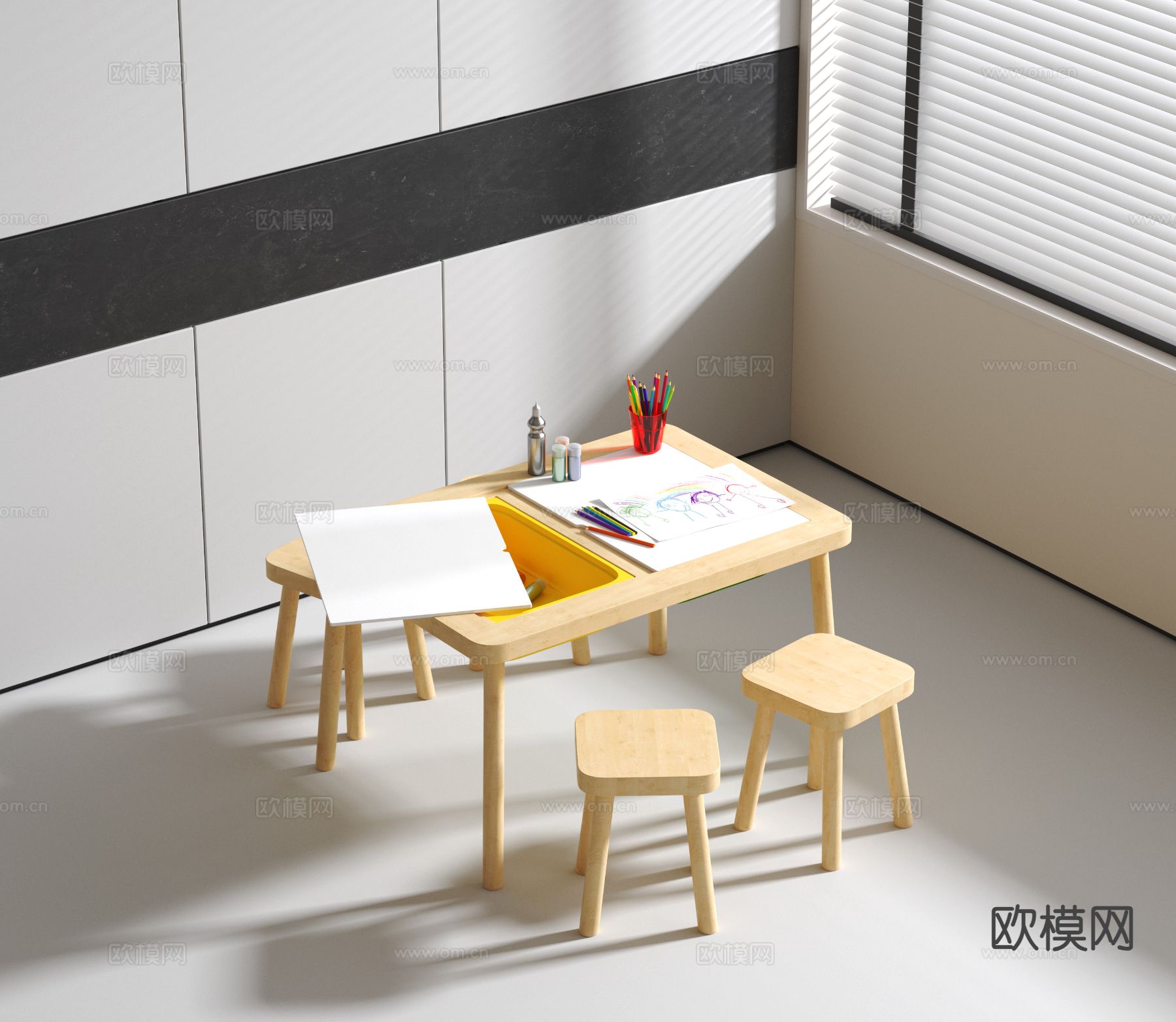 原木风儿童桌椅3d模型下载