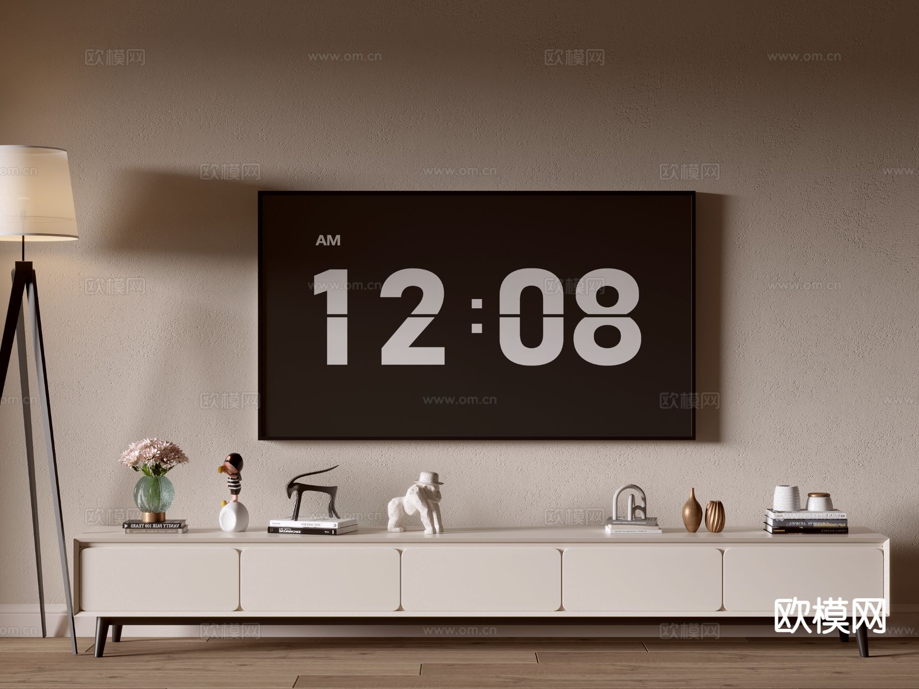 奶油风电视柜su模型下载（渲染图2）