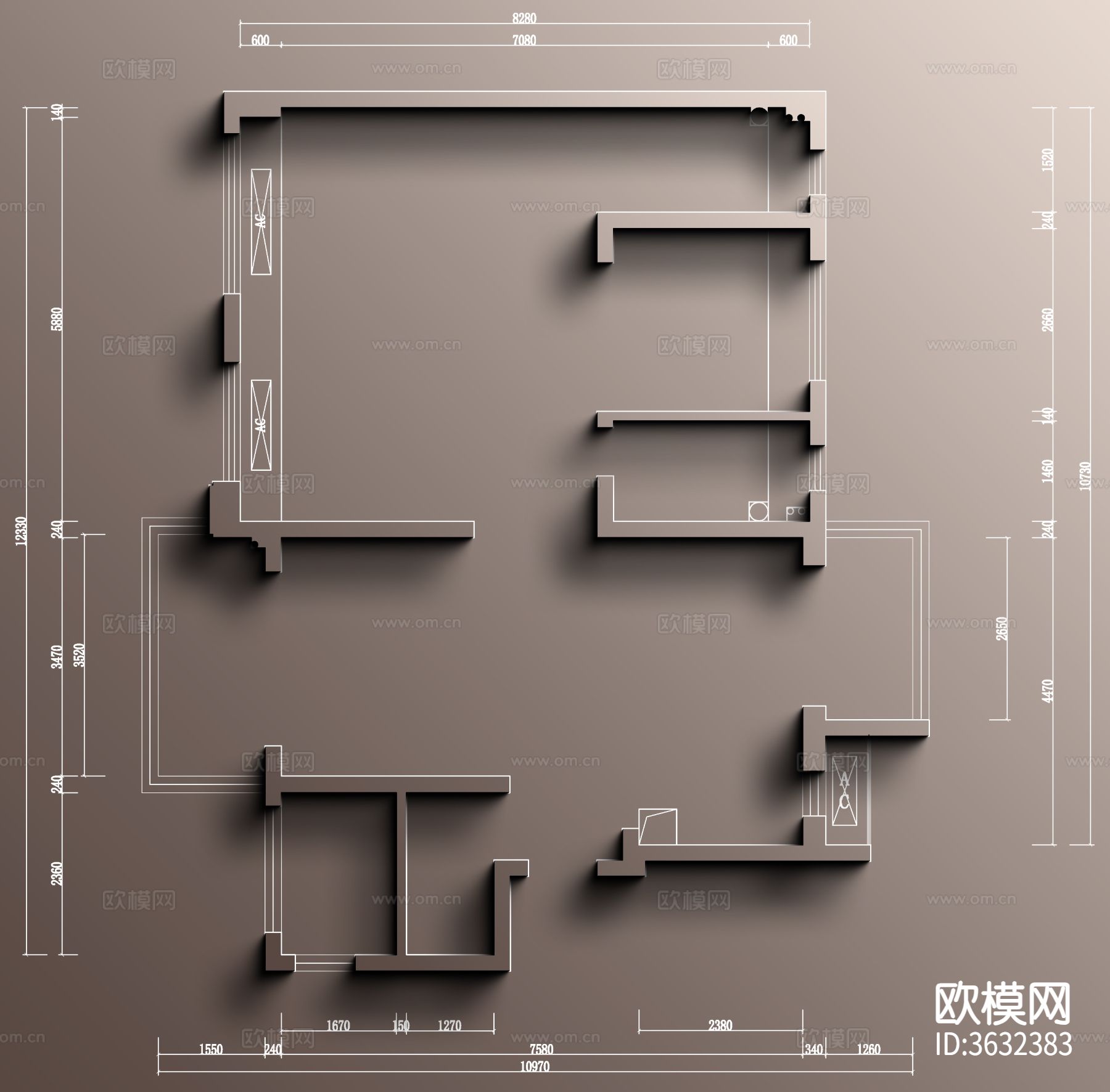 非正常设计师（116㎡刚需四室常见户型）彩屏源文件cad施工图下载（渲染图3）