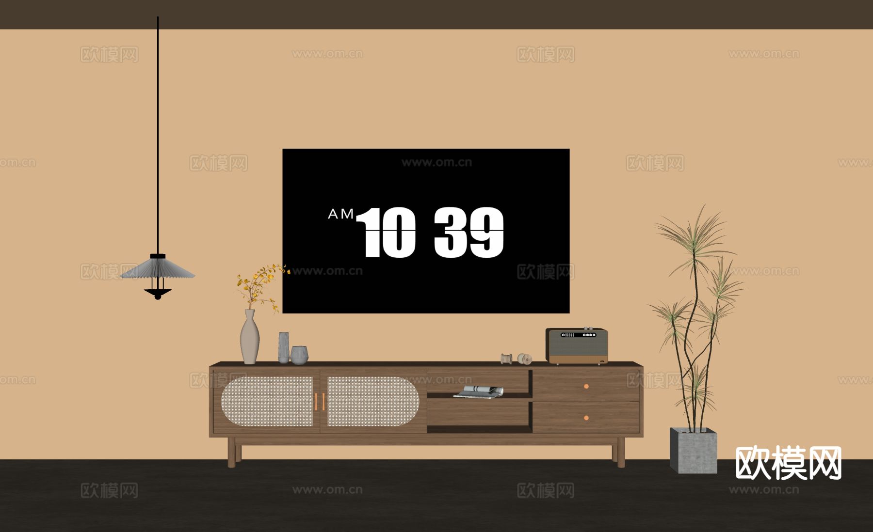 中古风电视柜su模型下载（渲染图1）