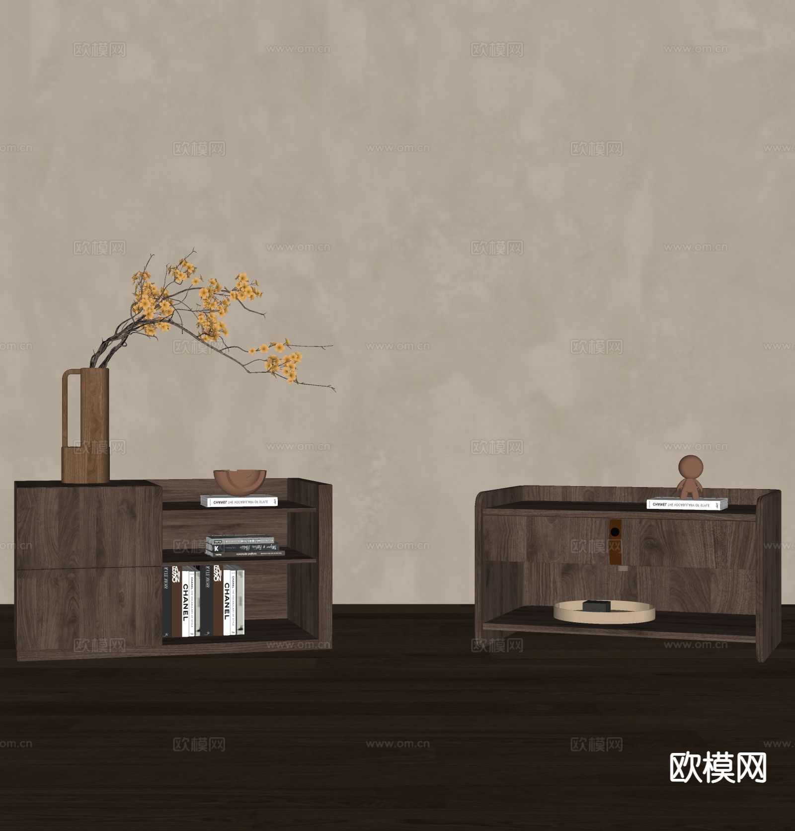 中古风床头柜su模型下载（渲染图1）