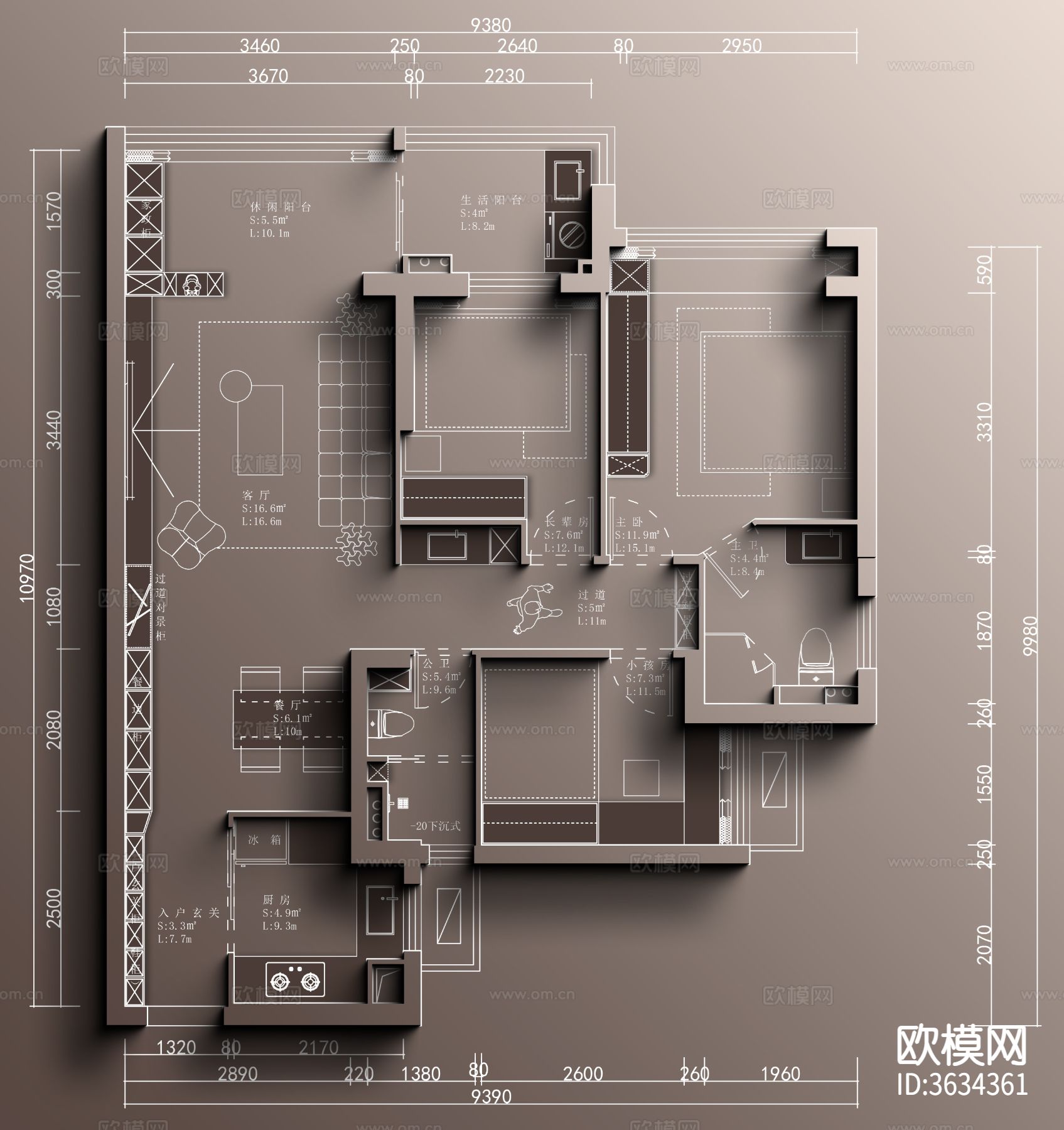 非正常设计师（97㎡刚需常见户型）彩屏源文件cad施工图下载（渲染图1）