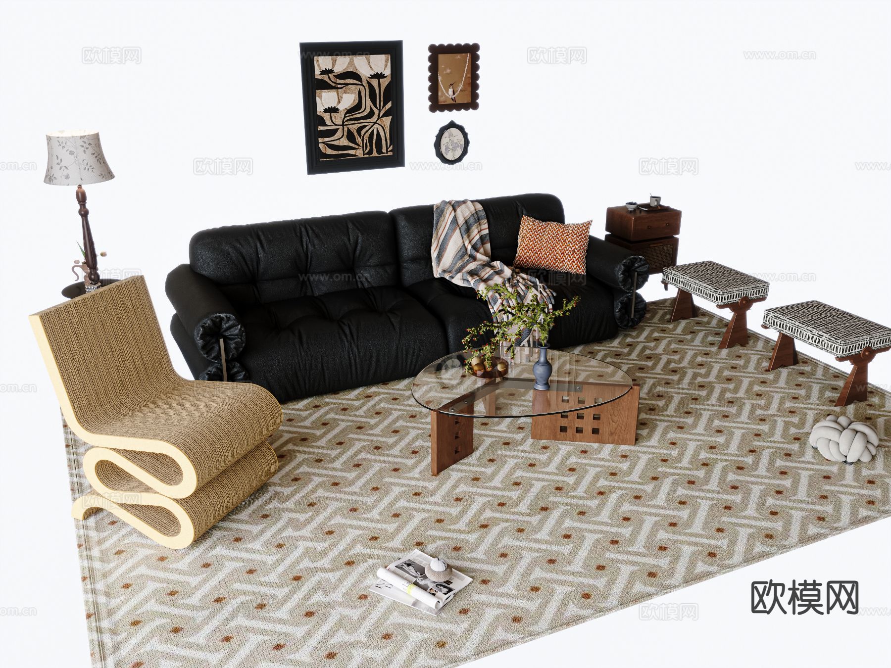 中古风沙发 组合沙发3d模型下载