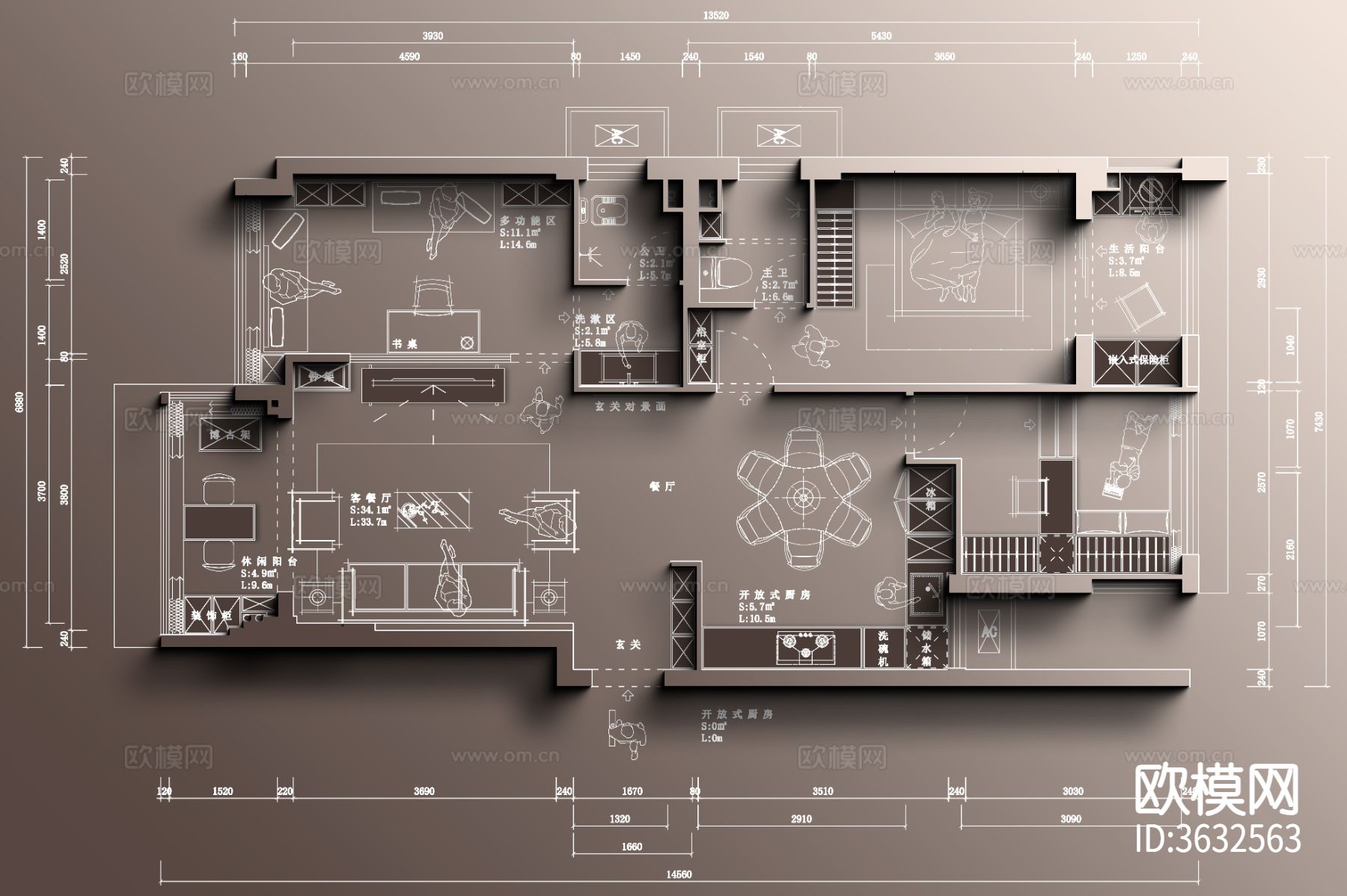 非正常设计师（100㎡刚需四室常见户型）彩屏源文件cad施工图下载（渲染图4）