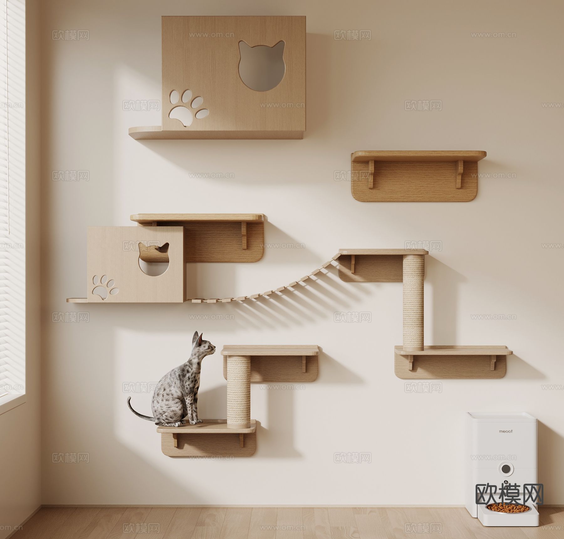 现代猫爬架 宠物喂食机 猫咪爬墙3d模型下载