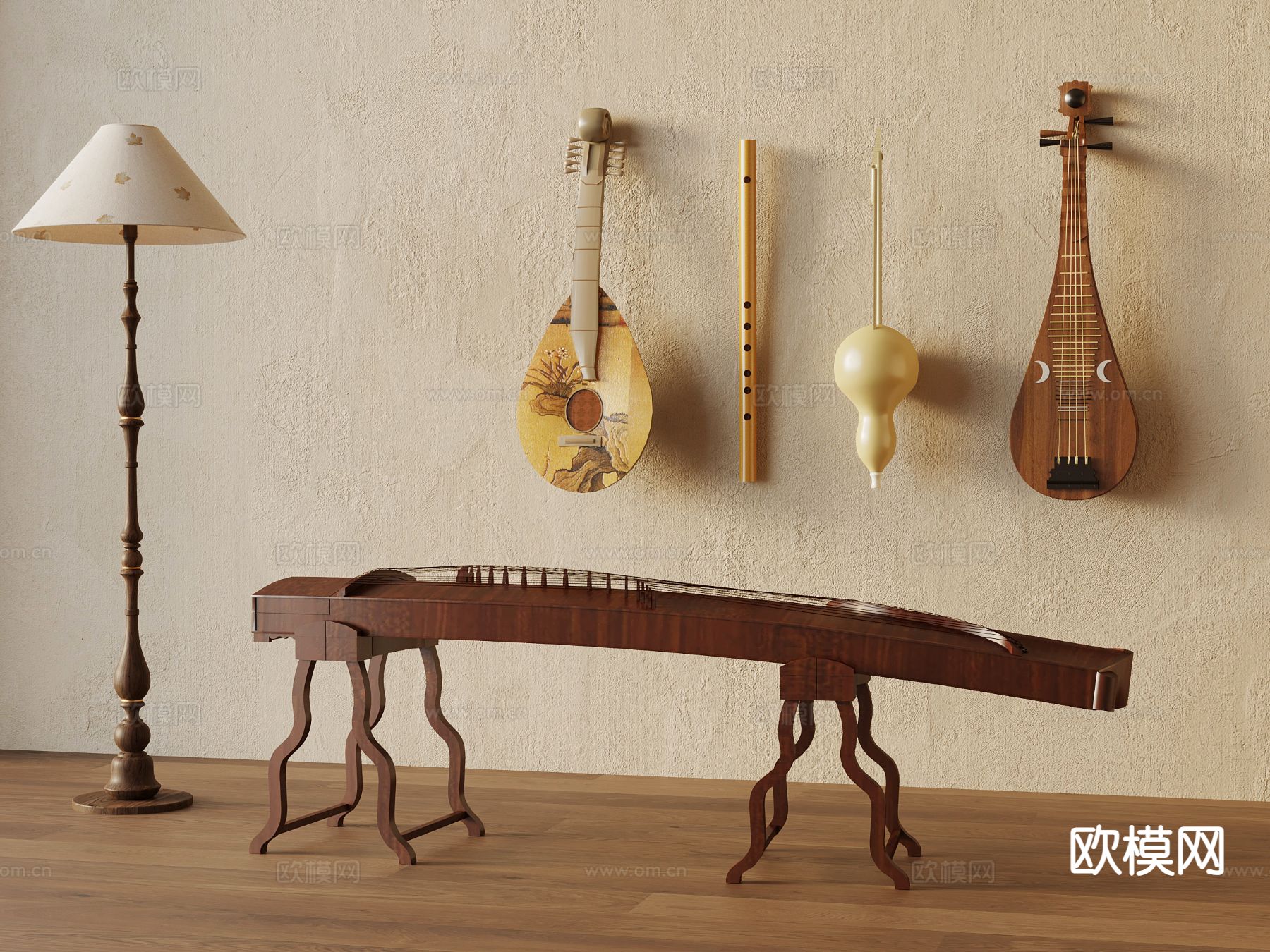 新中式古筝 琵琶 传统乐器3d模型下载