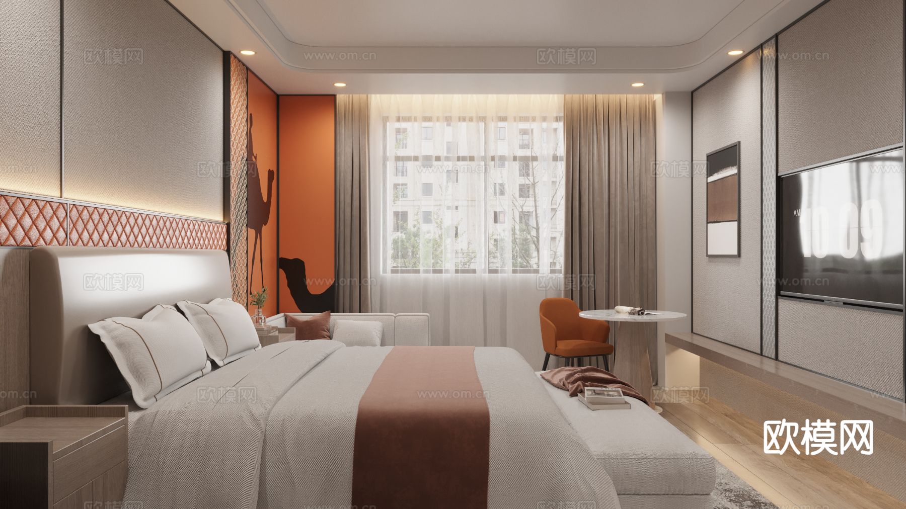 现代酒店客房 大床房3d模型下载（渲染图2）
